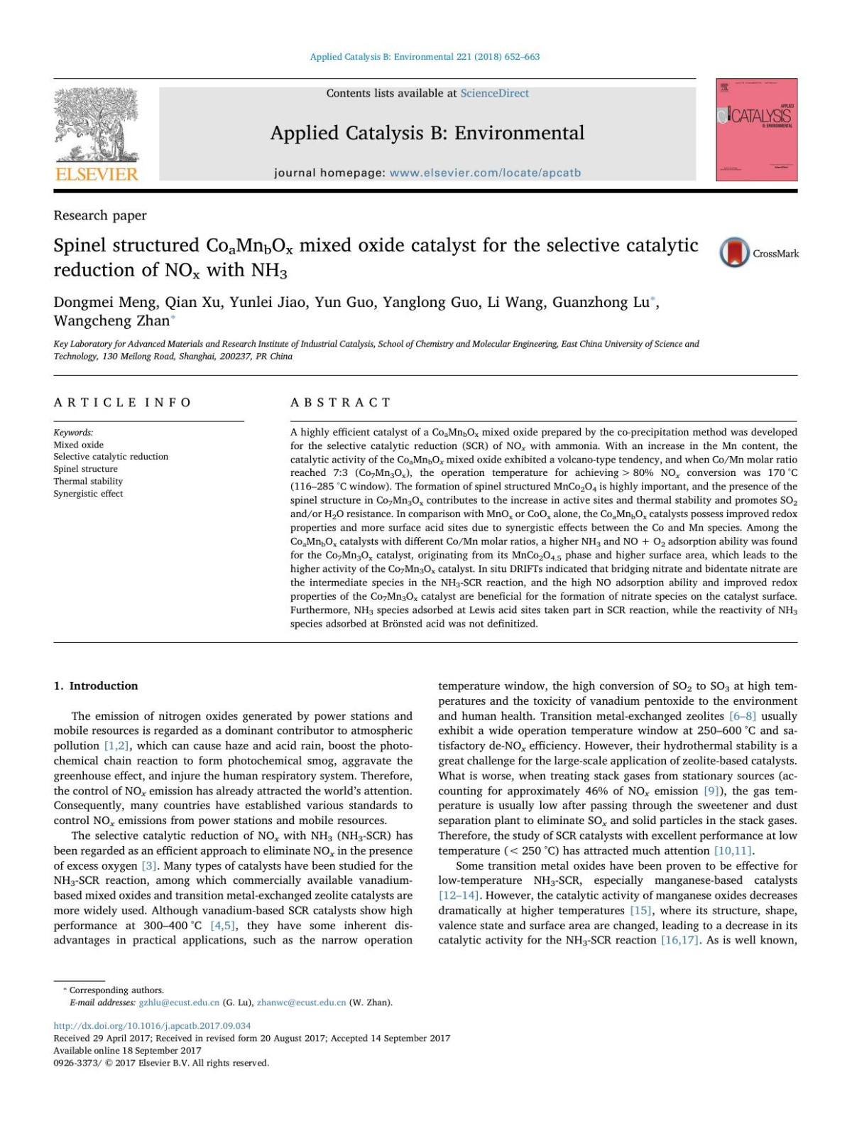 Spinel Structured Coamnbox Mixed Oxide Catalyst For The Selective Catalytic Reduction Of Nox With Nh3 Dongmei Meng Qian Xu Yunlei Jiao Yun Guo Yanglong Guo Li Wang Guanzhong Lu Wangcheng Zhan