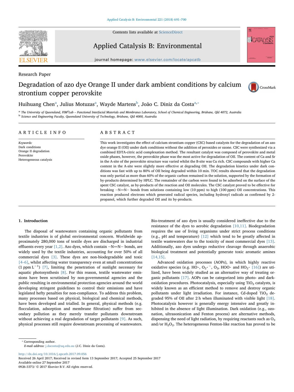 Degradation Of Azo Dye Orange Ii Under Dark Ambient Conditions By Calcium Strontium Copper Perovskite Huihuang Chen Julius Motuzas Wayde Martens Joo C Diniz Da Costa