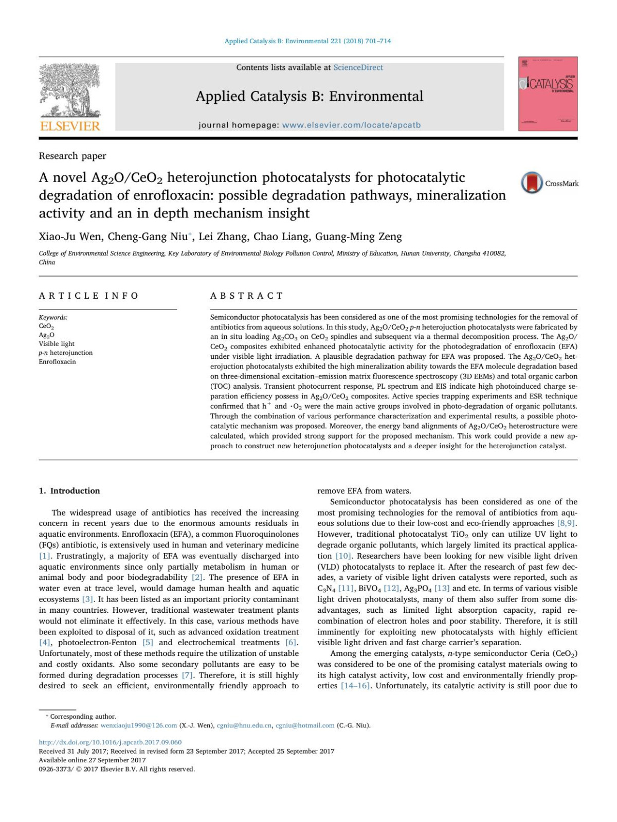A Novel Ag2oceo2 Heterojunction Photocatalysts For Photocatalytic Degradation Of Enrofloxacin Possible Degradation Pathways Mineralization Activity And An In Depth Mechanism Insight Xiaoju Wen Chenggang Niu Lei Zhang Chao Liang Guangming Zeng
