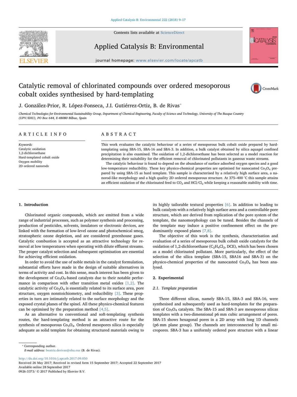 Catalytic Removal Of Chlorinated Compounds Over Ordered Mesoporous Cobalt Oxides Synthesised By Hardtemplating J Gonzlezprior R Lpezfonseca Ji Gutirrezortiz B De Rivas