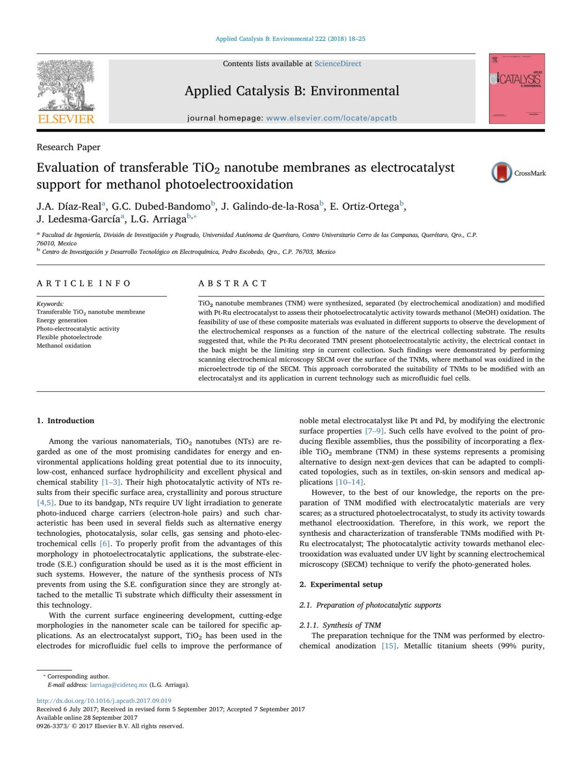 Evaluation Of Transferable Tio2 Nanotube Membranes As Electrocatalyst Support For Methanol Photoelectrooxidation Ja Dazreal Gc Dubedbandomo J Galindodelarosa E Ortizortega J Ledesmagarca Lg Arriaga
