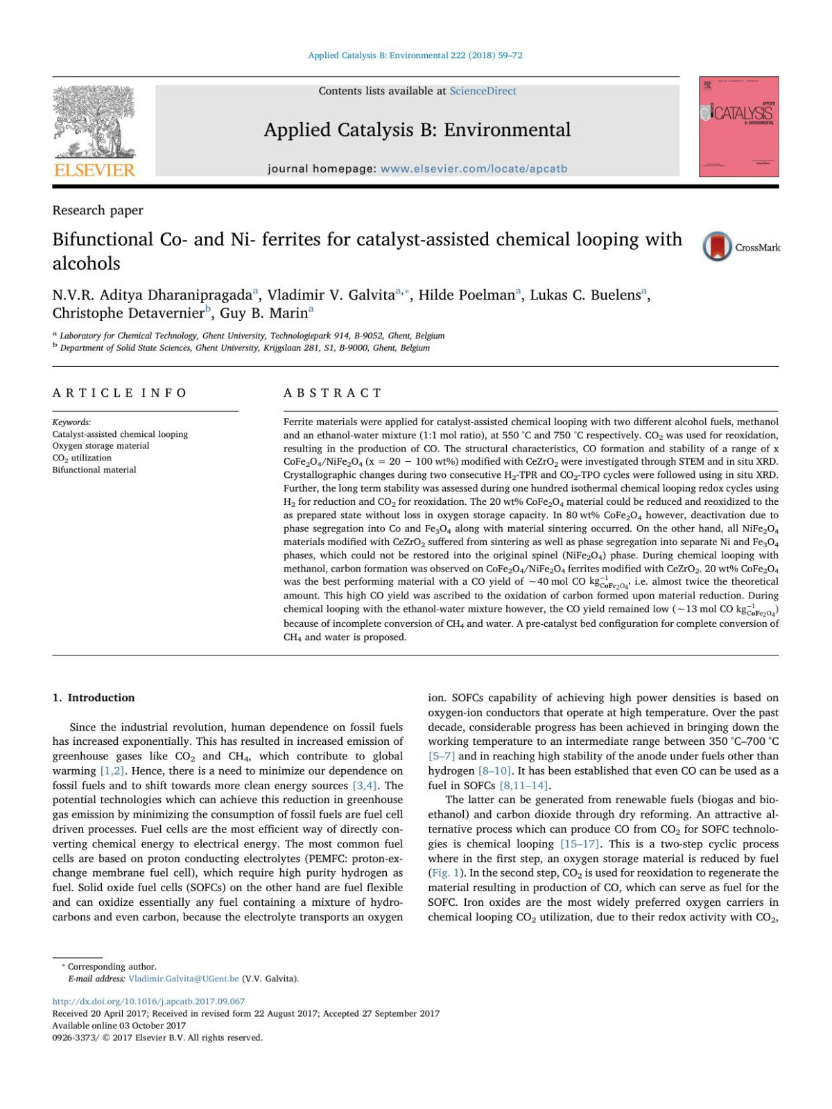 Bifunctional Co And Ni Ferrites For Catalystassisted Chemical Looping With Alcohols Nvr Aditya Dharanipragada Vladimir V Galvita Hilde Poelman Lukas C Buelens Christophe Detavernier Guy B Marin