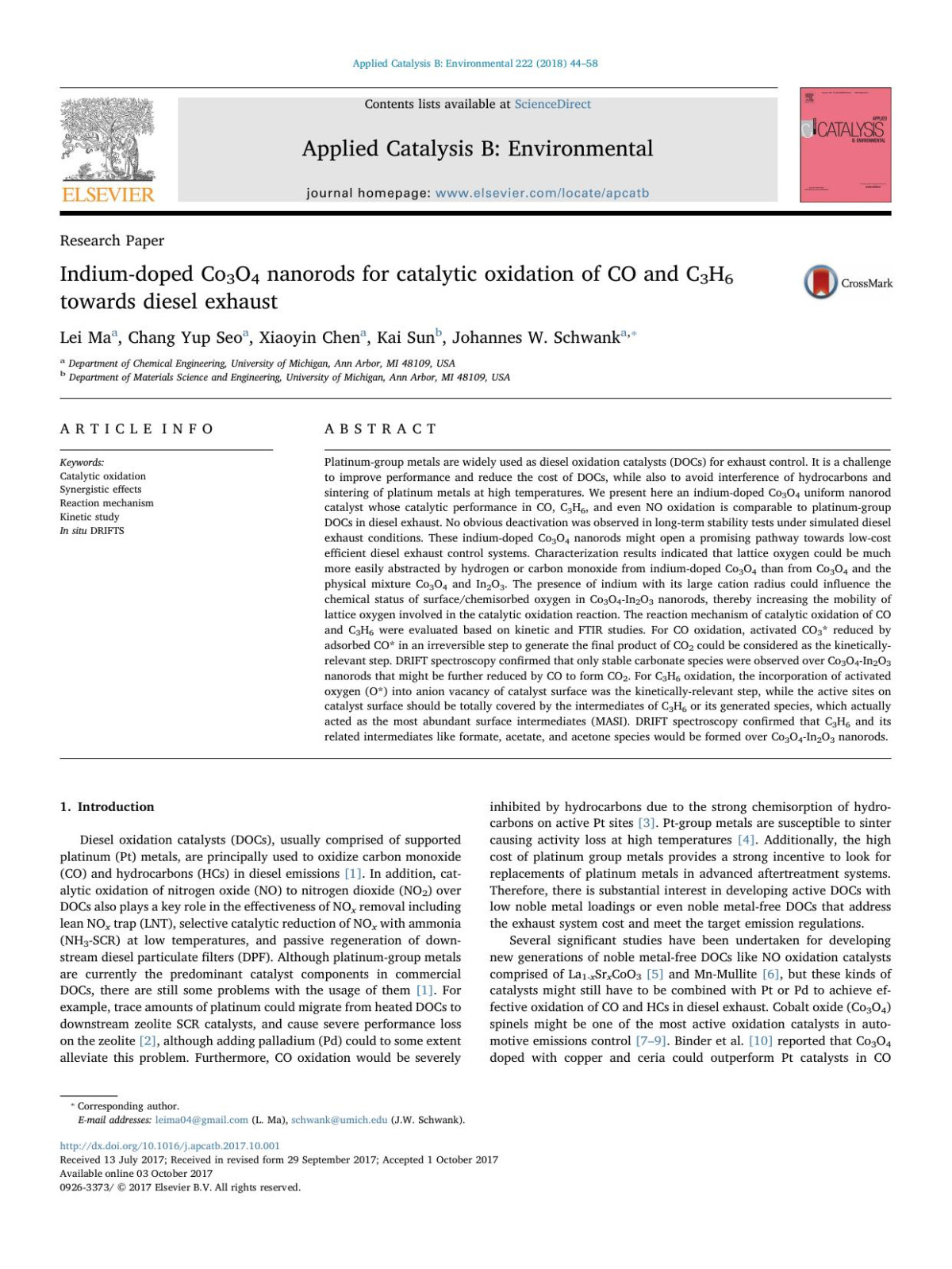 Indiumdoped Co3o4 Nanorods For Catalytic Oxidation Of Co And C3h6 Towards Diesel Exhaust Lei Ma Chang Yup Seo Xiaoyin Chen Kai Sun Johannes W Schwank