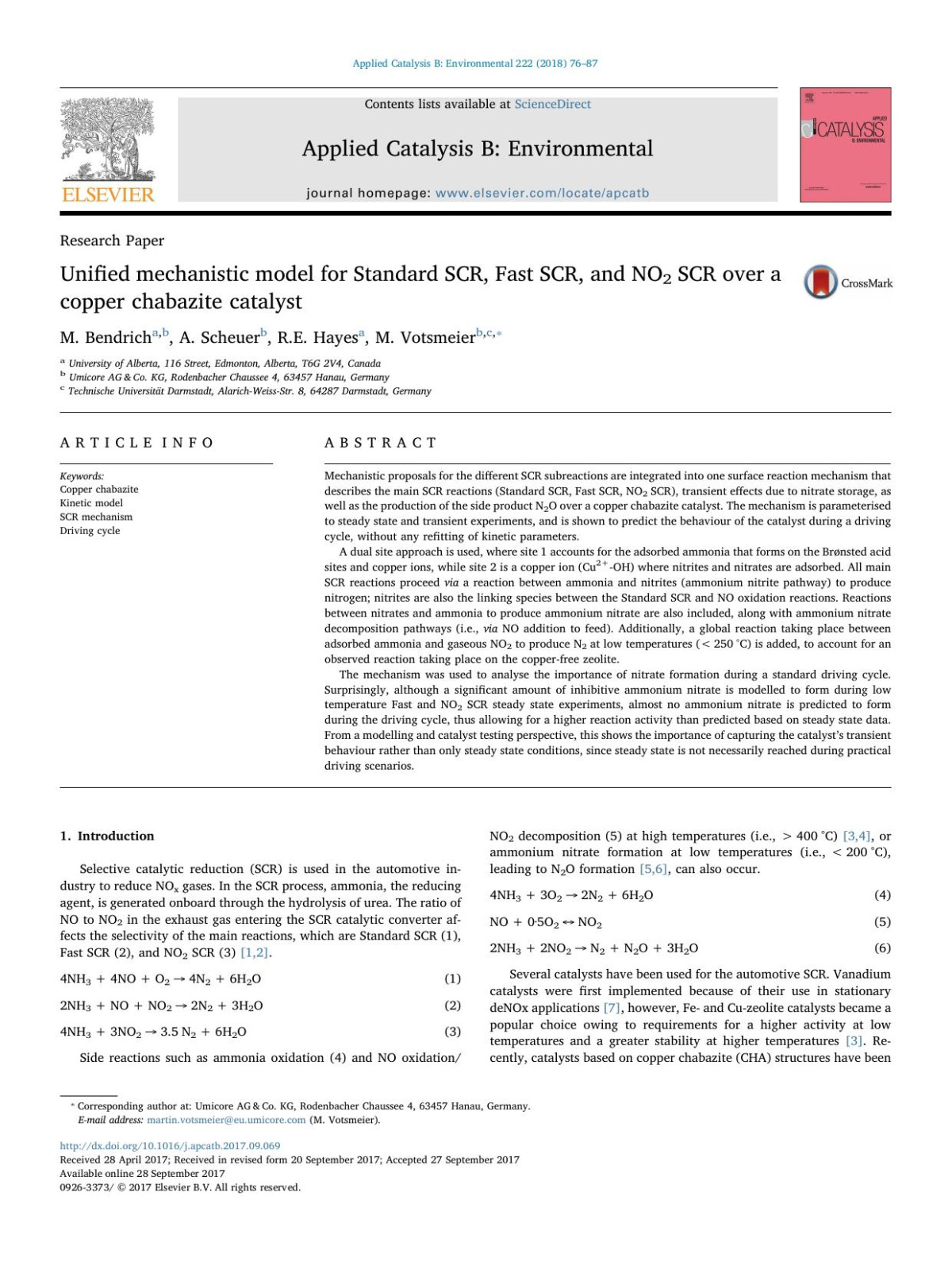 Unified Mechanistic Model For Standard Scr Fast Scr And No2 Scr Over A Copper Chabazite Catalyst M Bendrich A Scheuer Re Hayes M Votsmeier