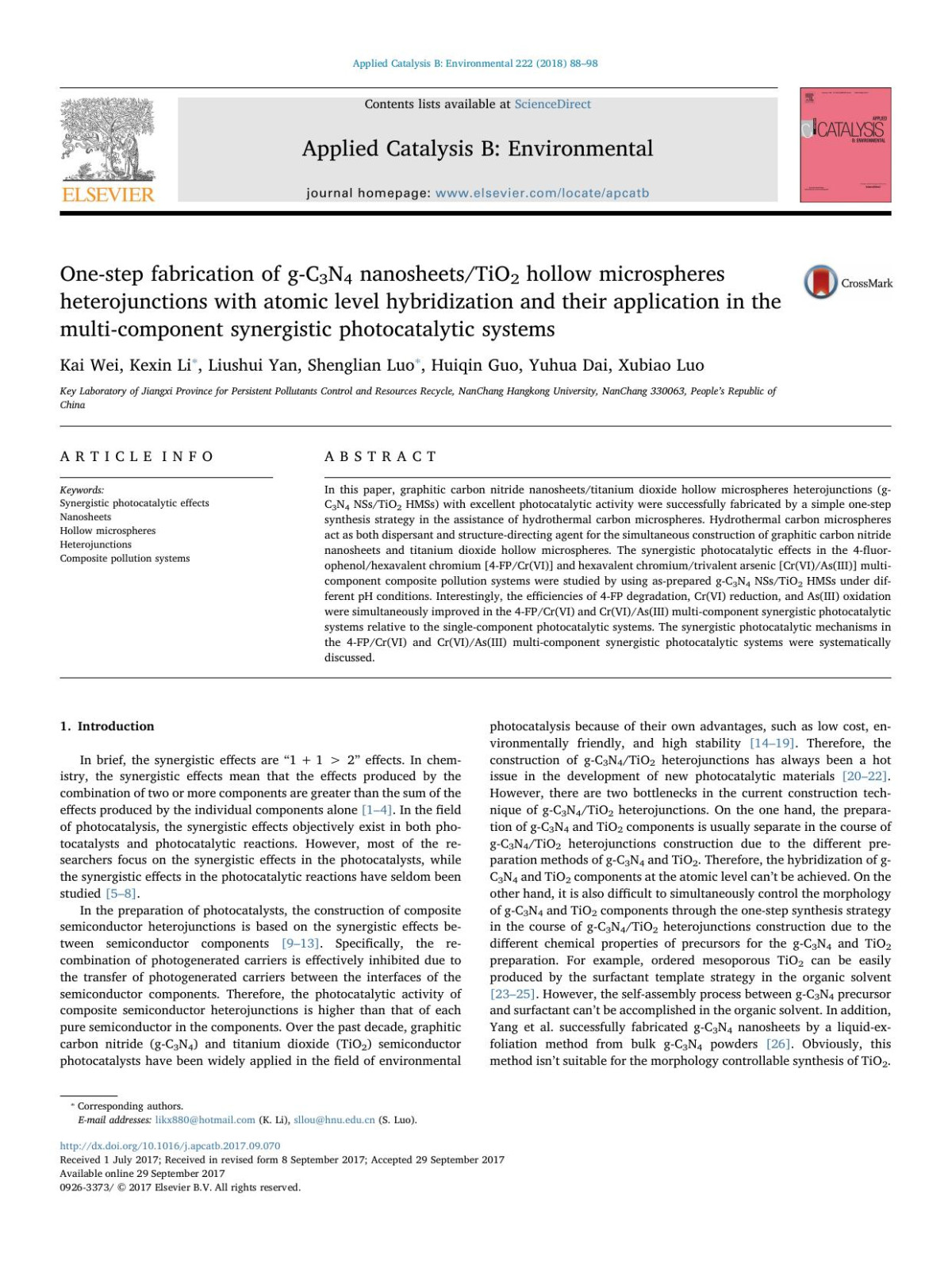 Onestep Fabrication Of Gc3n4 Nanosheetstio2 Hollow Microspheres Heterojunctions With Atomic Level Hybridization And Their Application In The Multicomponent Synergistic Photocatalytic Systems Kai Wei Kexin Li Liushui Yan Shenglian Luo Huiqin Guo Yuhua Dai Xubiao Luo