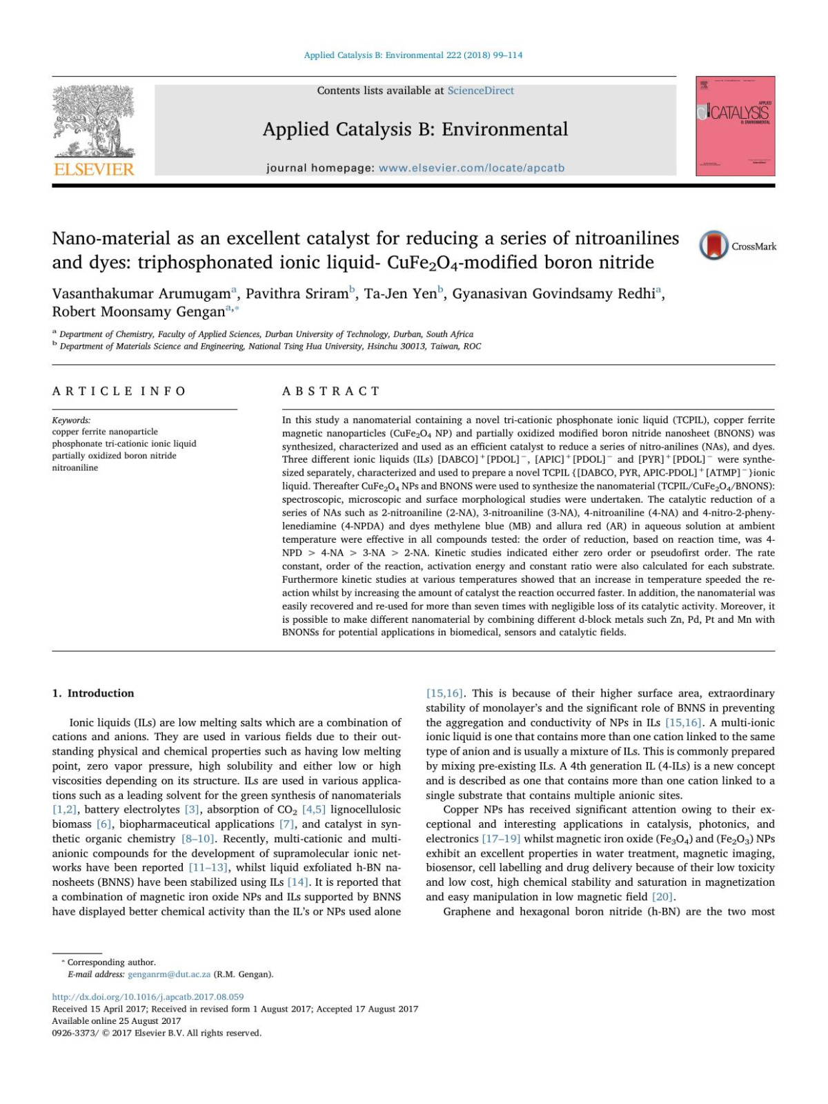 Nanomaterial As An Excellent Catalyst For Reducing A Series Of Nitroanilines And Dyes Triphosphonated Ionic Liquid Cufe2o4modified Boron Nitride Vasanthakumar Arumugam Pavithra Sriram Tajen Yen Gyanasivan Govindsamy Redhi Robert Moonsamy Gengan