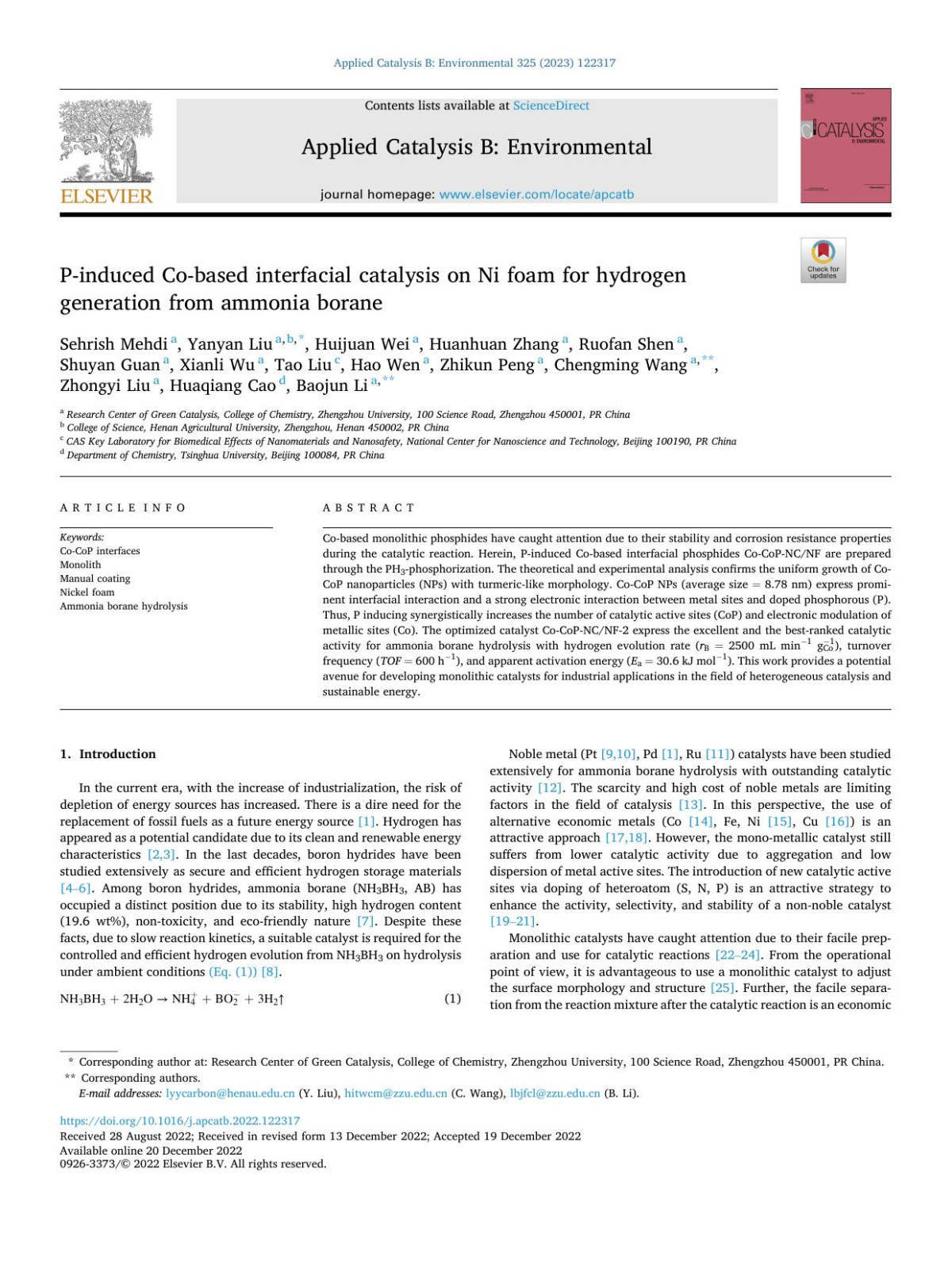 Pinduced Cobased Interfacial Catalysis On Ni Foam For Hydrogen Generation From Ammonia Borane Sehrish Mehdi
