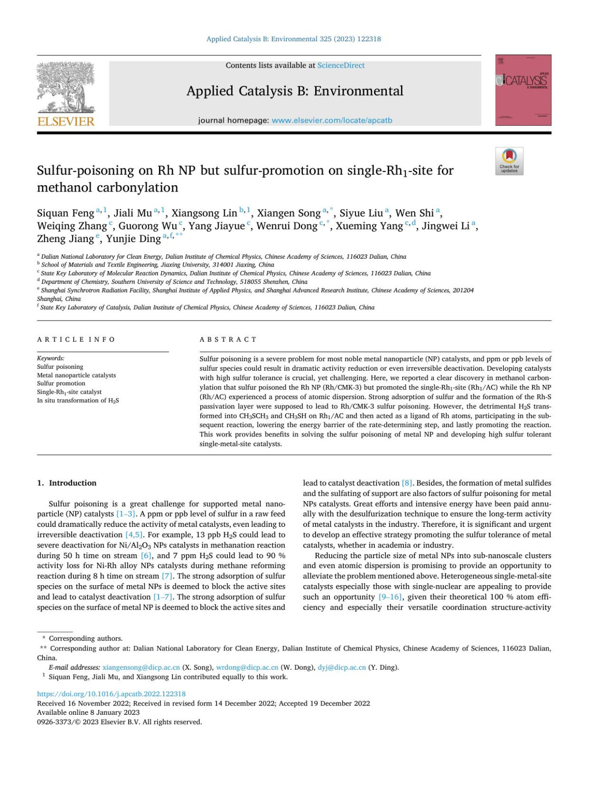 Sulfurpoisoning On Rh Np But Sulfurpromotion On Singlerh1site For Methanol Carbonylation Siquan Feng