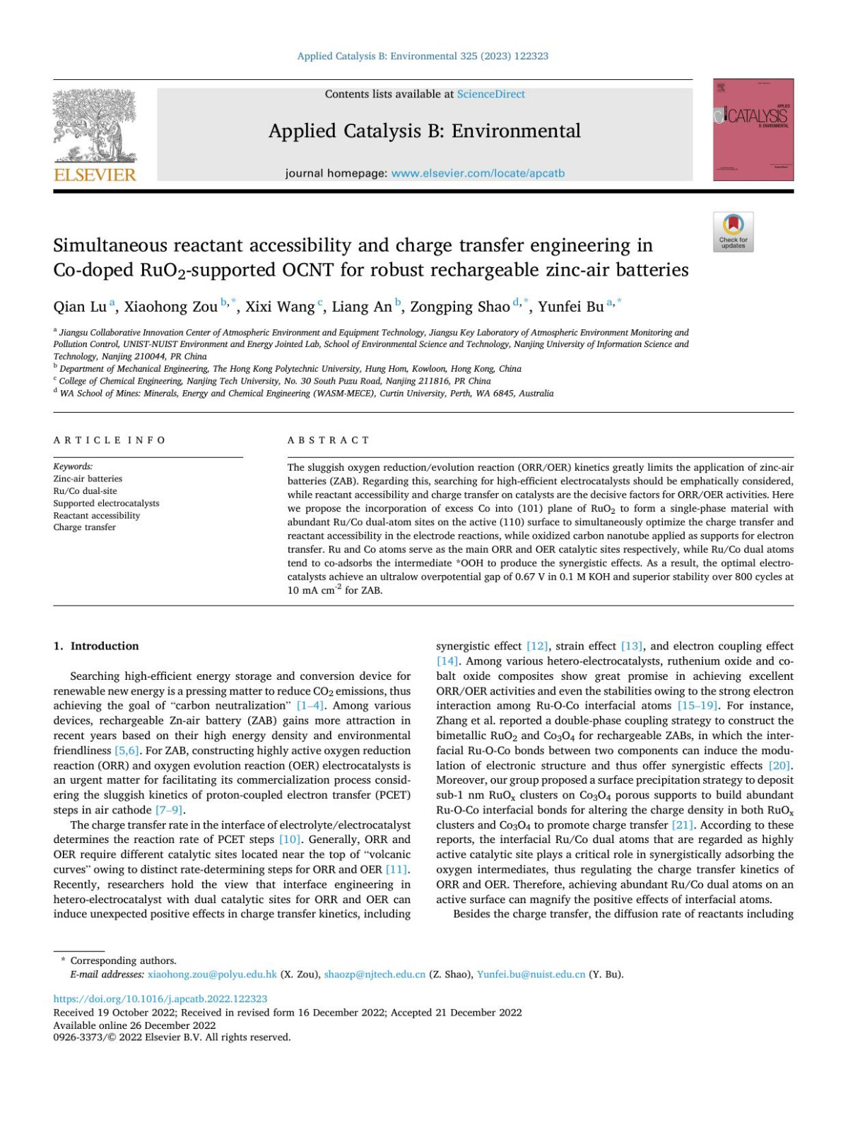Simultaneous Reactant Accessibility And Charge Transfer Engineering In Codoped Ruo2supported Ocnt For Robust Rechargeable Zincair Batteries Qian Lu