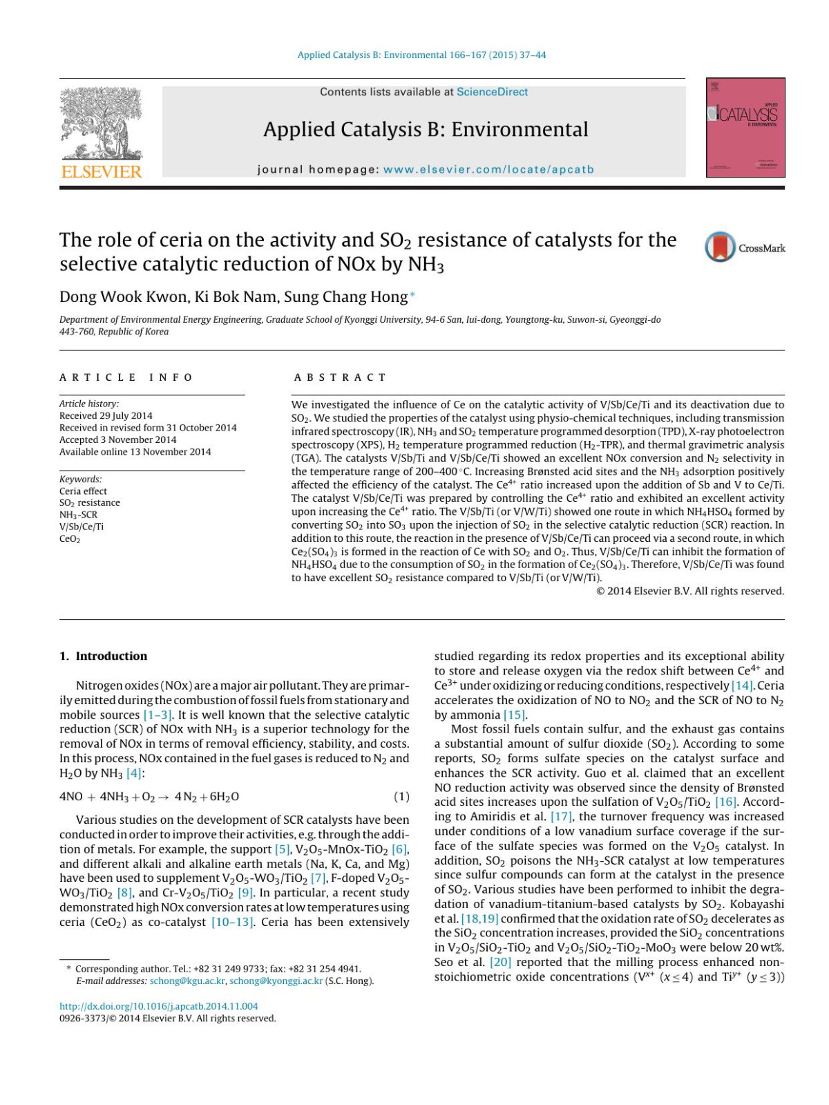 The Role Of Ceria On The Activity And So2 Resistance Of Catalysts For The Selective Catalytic Reduction Of Nox By Nh3 Dong Wook Kwon Ki Bok Nam Sung Chang Hong