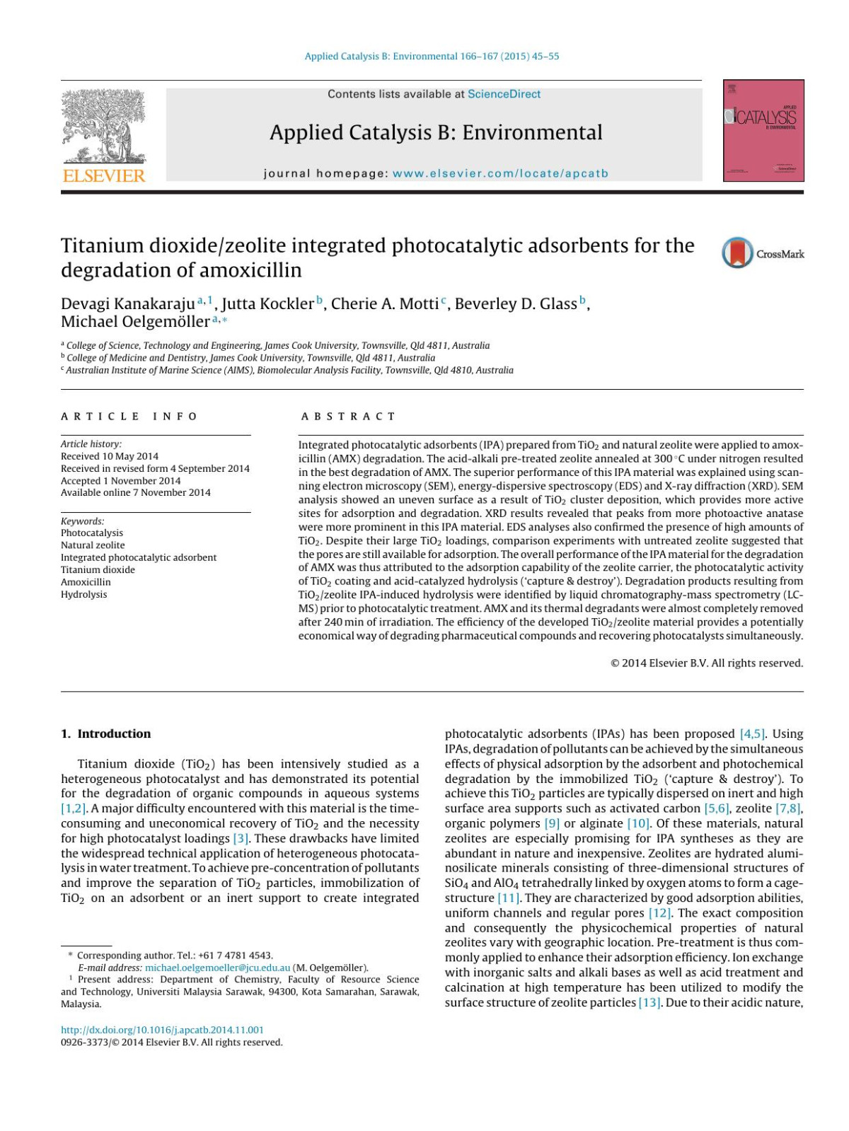 Titanium Dioxidezeolite Integrated Photocatalytic Adsorbents For The Degradation Of Amoxicillin Devagi Kanakaraju Jutta Kockler Cherie A Motti Beverley D Glass Michael Oelgemller