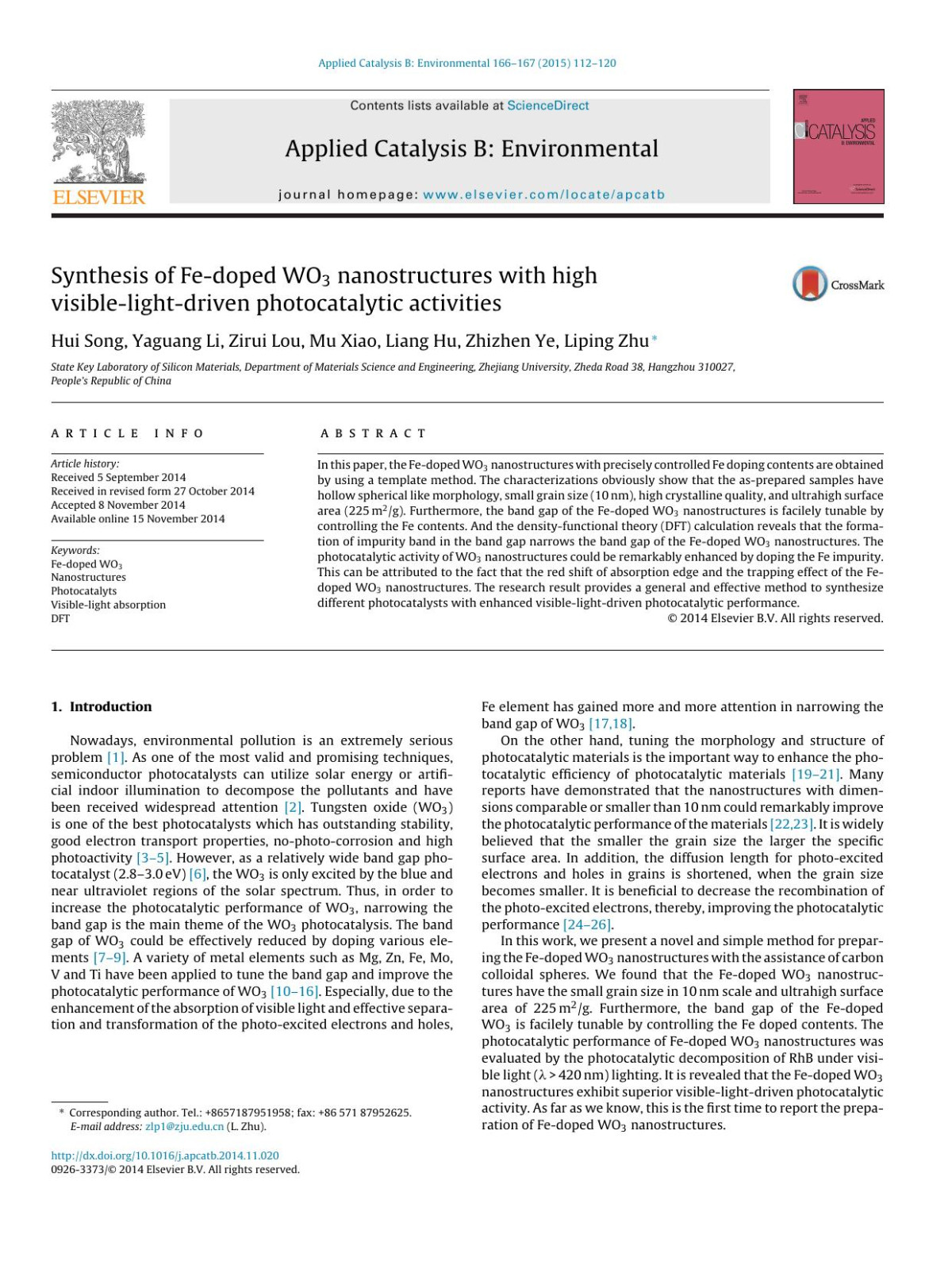 Synthesis Of Fedoped Wo3 Nanostructures With High Visiblelightdriven Photocatalytic Activities Hui Song Yaguang Li Zirui Lou Mu Xiao Liang Hu Zhizhen Ye Liping Zhu