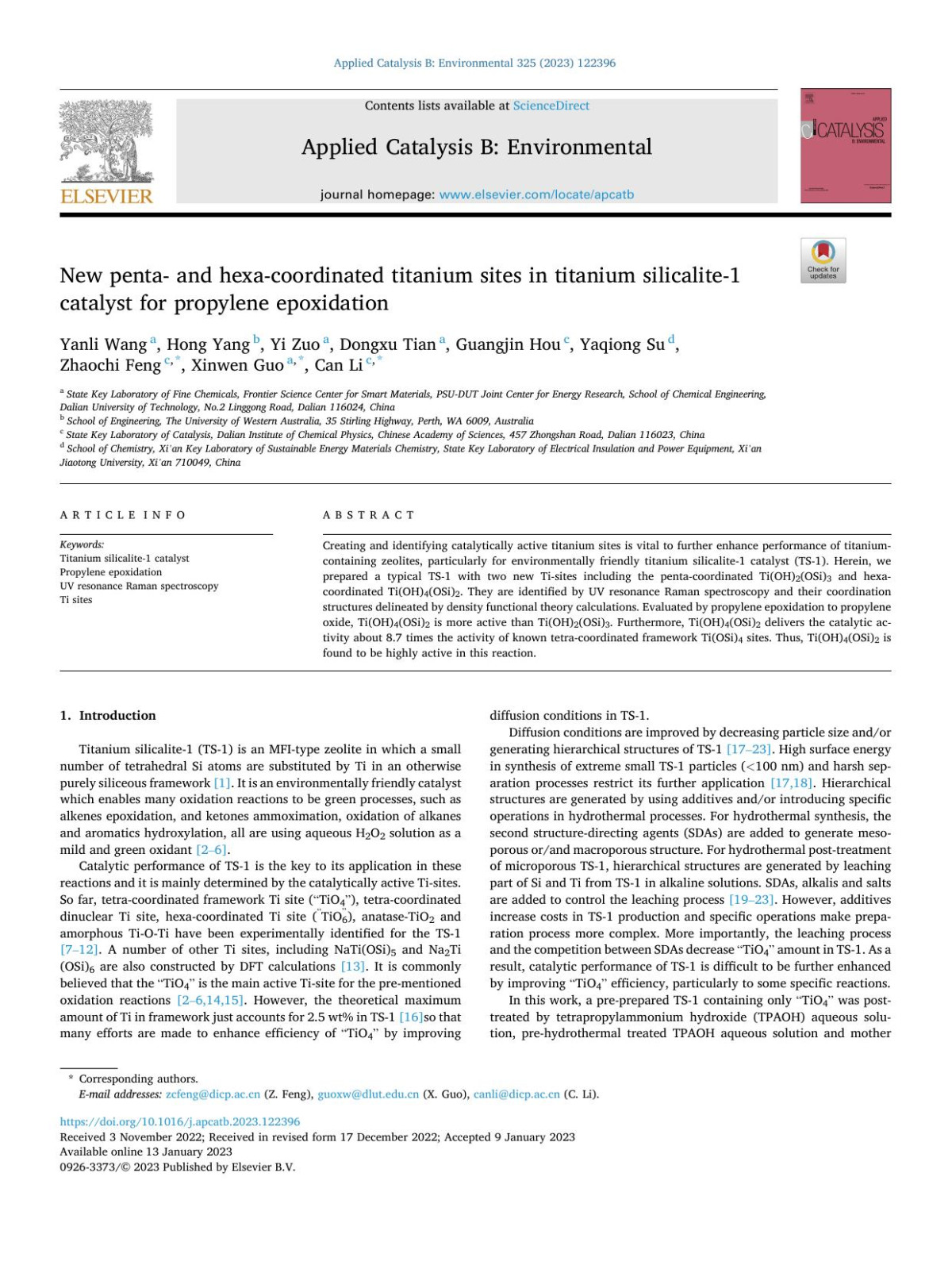 New Penta And Hexacoordinated Titanium Sites In Titanium Silicalite1 Catalyst For Propylene Epoxidation Yanli Wang