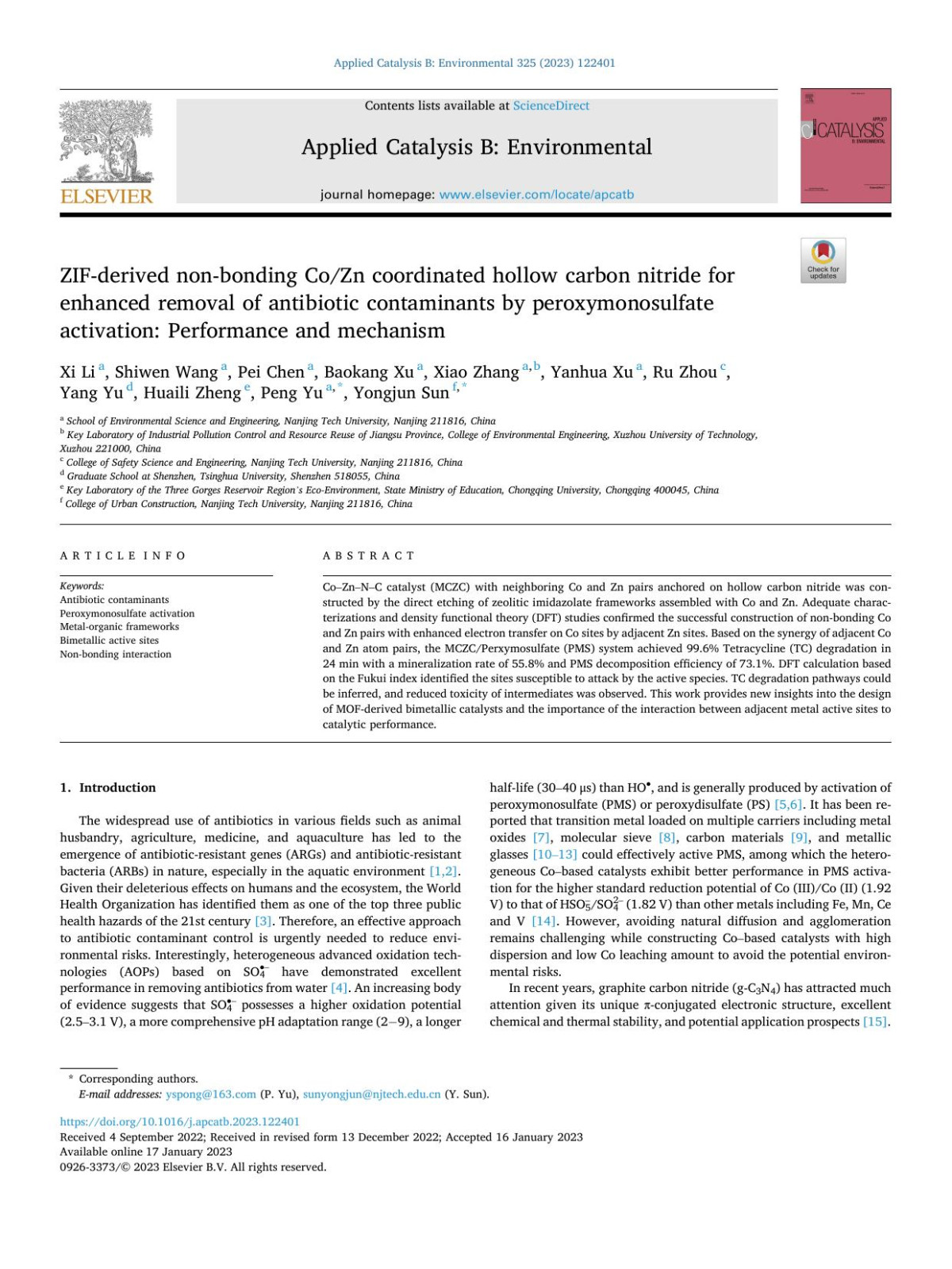 Zifderived Nonbonding Cozn Coordinated Hollow Carbon Nitride For Enhanced Removal Of Antibiotic Contaminants By Peroxymonosulfate Activation Performance And Mechanism Xi Li