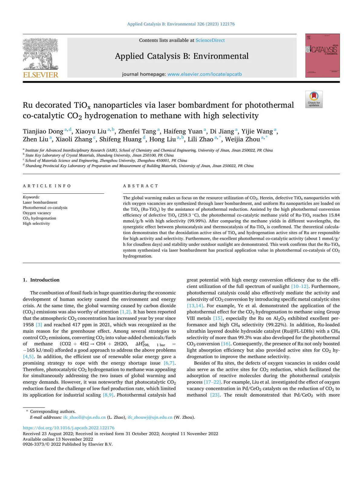 Ru Decorated Tiox Nanoparticles Via Laser Bombardment For Photothermal Cocatalytic Co2 Hydrogenation To Methane With High Selectivity Tianjiao Dong