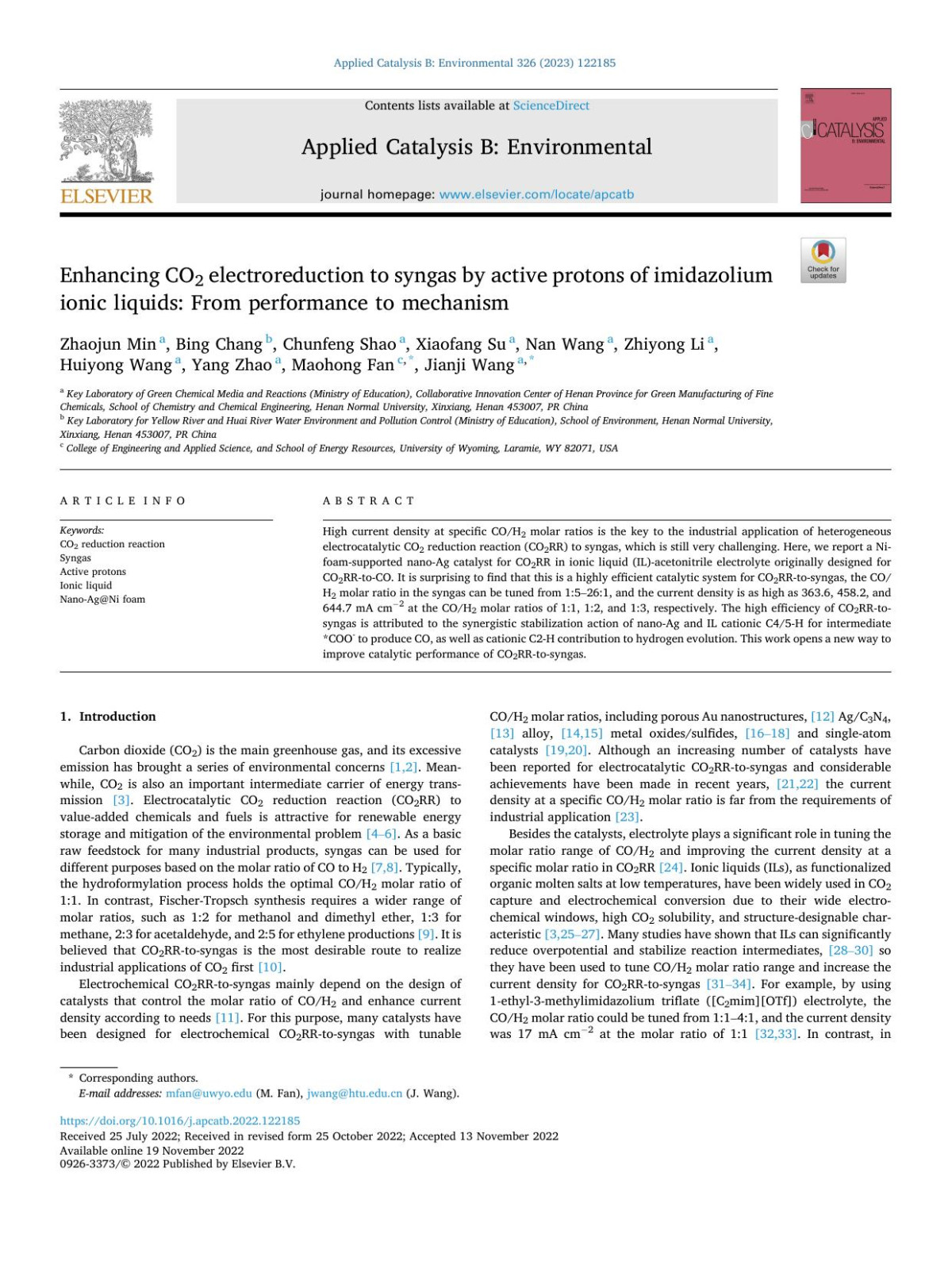 Enhancing Co2 Electroreduction To Syngas By Active Protons Of Imidazolium Ionic Liquids From Performance To Mechanism Zhaojun Min