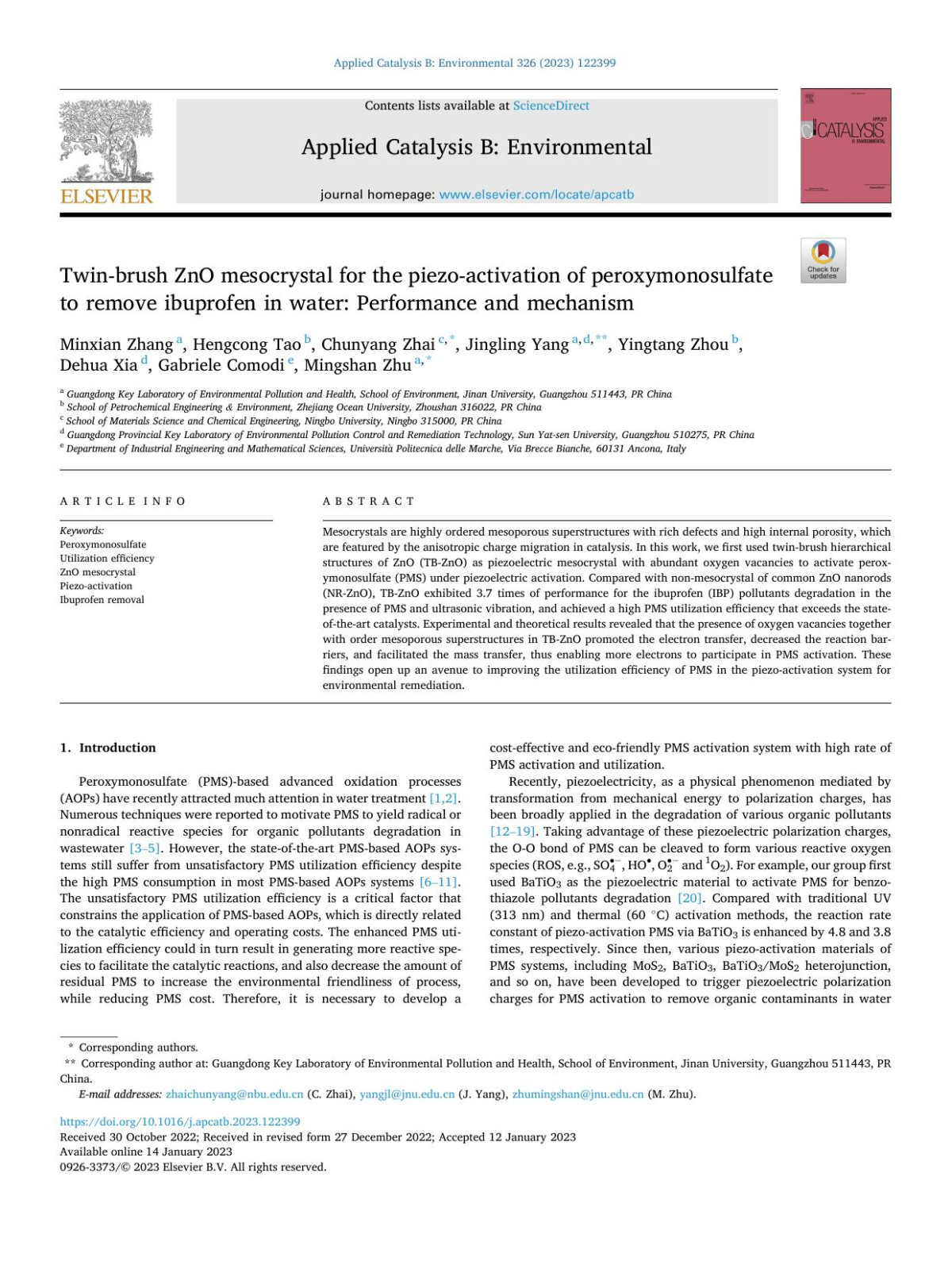 Twinbrush Zno Mesocrystal For The Piezoactivation Of Peroxymonosulfate To Remove Ibuprofen In Water Performance And Mechanism Minxian Zhang