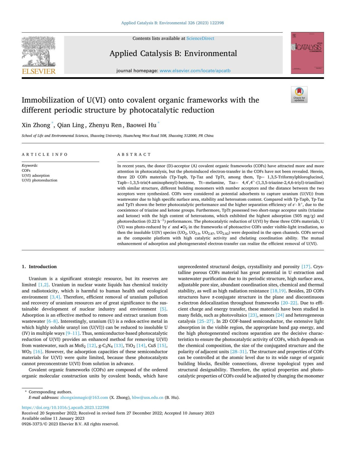 Immobilization Of Uvi Onto Covalent Organic Frameworks With The Different Periodic Structure By Photocatalytic Reduction Xin Zhong