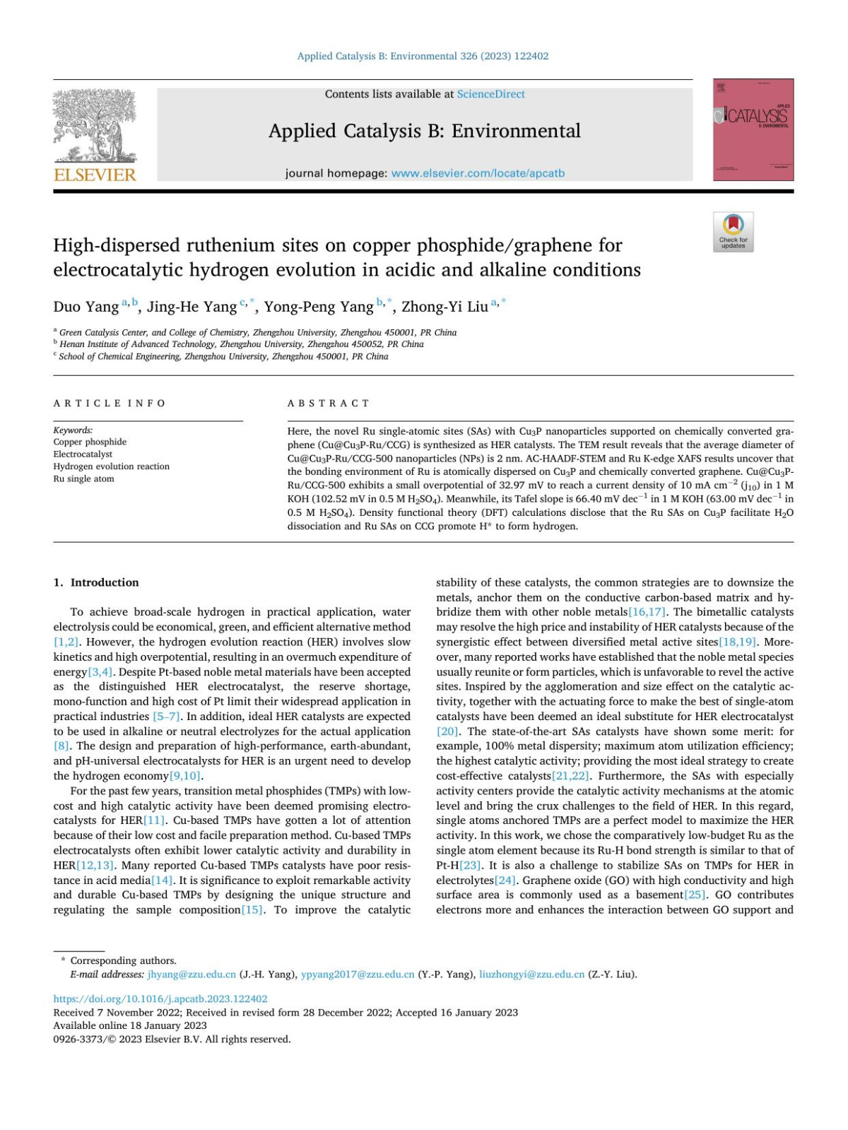 Highdispersed Ruthenium Sites On Copper Phosphidegraphene For Electrocatalytic Hydrogen Evolution In Acidic And Alkaline Conditions Duo Yang