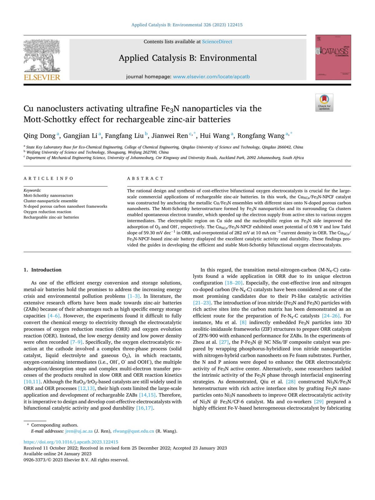 Cu Nanoclusters Activating Ultrafine Fe3n Nanoparticles Via The Mottschottky Effect For Rechargeable Zincair Batteries Qing Dong