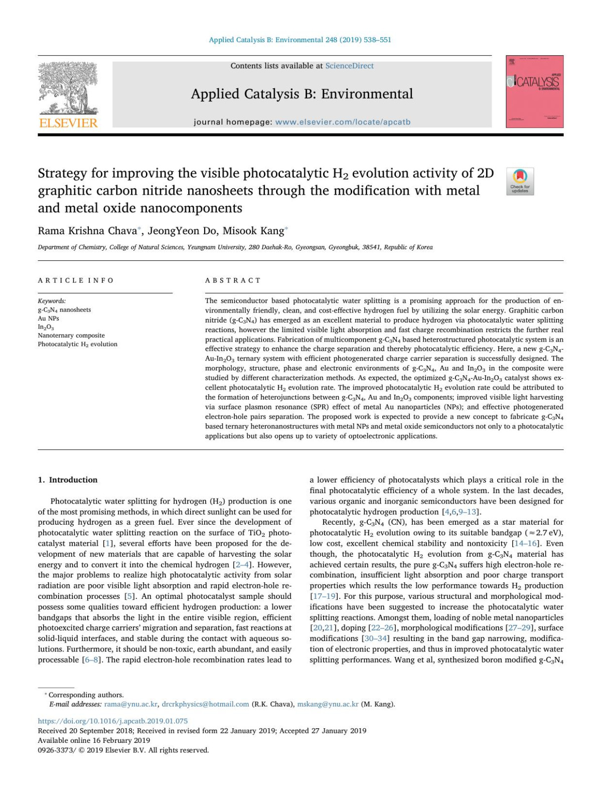 Strategy For Improving The Visible Photocatalytic H2 Evolution Activity Of 2d Graphitic Carbon Nitride Nanosheets Through The Modification With Metal And Metal Oxide Nanocomponents Rama Krishna Chava Jeongyeon Do Misook Kang