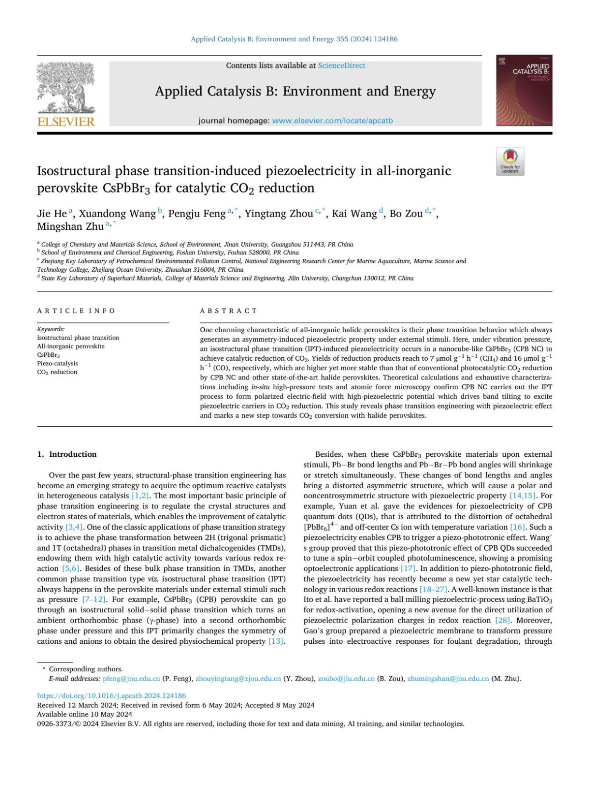 Isostructural Phase Transitioninduced Piezoelectricity In Allinorganic Perovskite Cspbbr3 For Catalytic Co2 Reduction Jie He