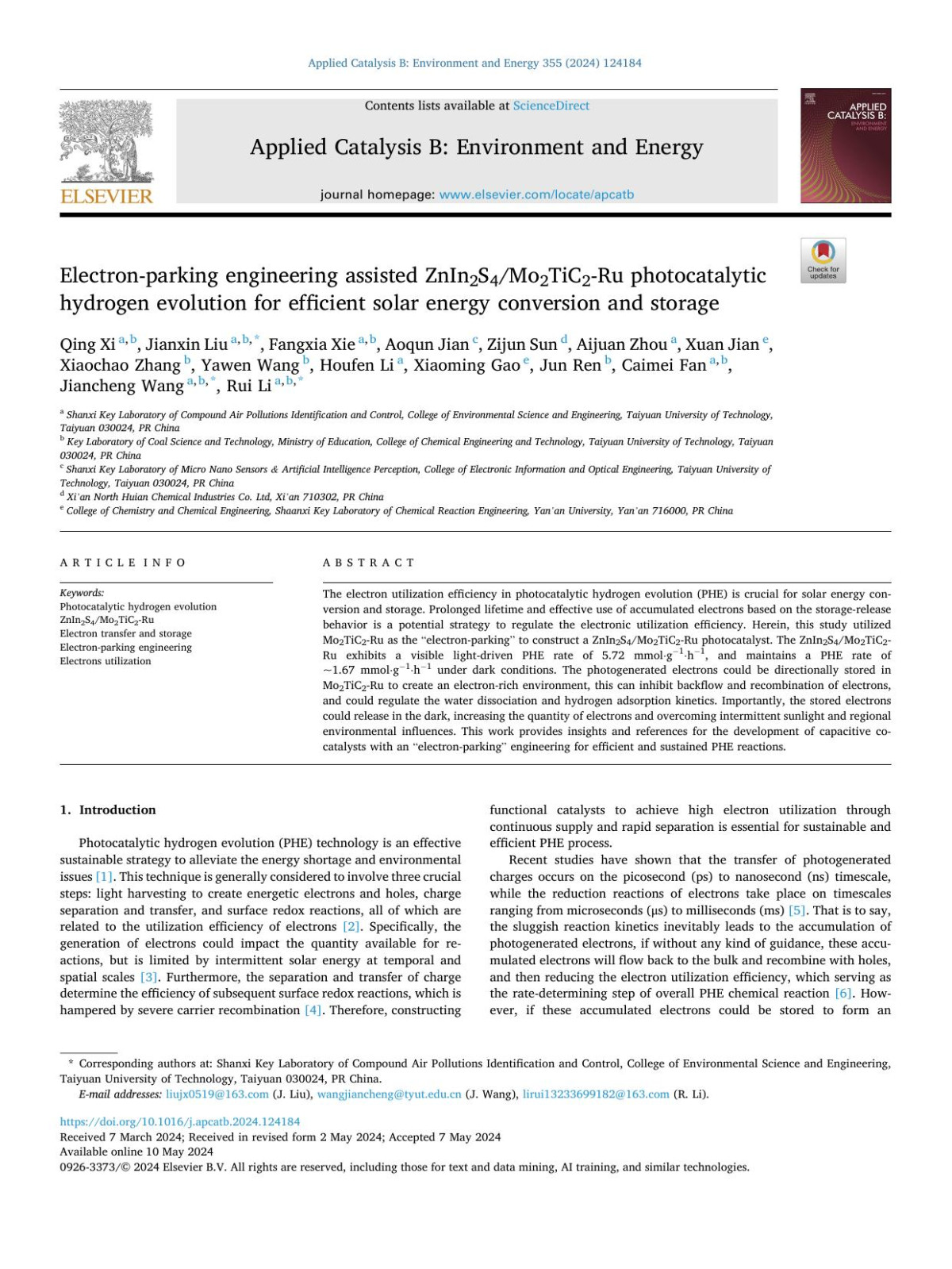 Electronparking Engineering Assisted Znin2s4mo2tic2ru Photocatalytic Hydrogen Evolution For Efficient Solar Energy Conversion And Storage Qing Xi