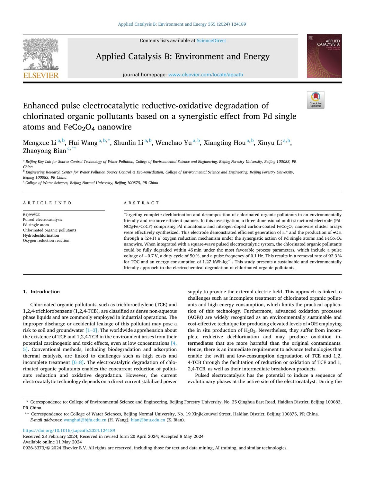 Enhanced Pulse Electrocatalytic Reductiveoxidative Degradation Of Chlorinated Organic Pollutants Based On A Synergistic Effect From Pd Single Atoms And Feco2o4 Nanowire Mengxue Li