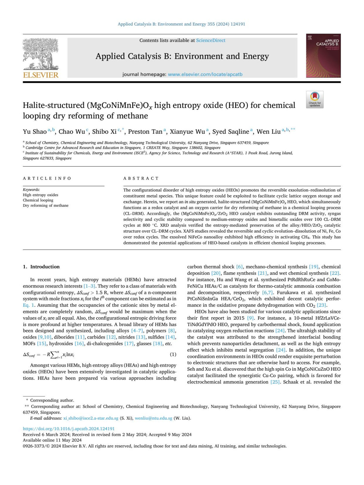 Halitestructured Mgconimnfeo X High Entropy Oxide Heo For Chemical Looping Dry Reforming Of Methane Yu Shao