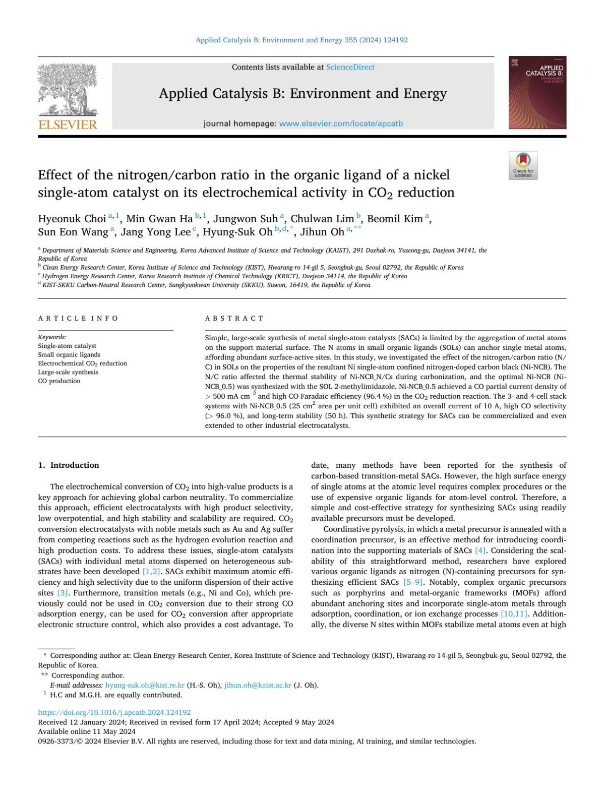 Effect Of The Nitrogencarbon Ratio In The Organic Ligand Of A Nickel Singleatom Catalyst On Its Electrochemical Activity In Co2 Reduction Hyeonuk Choi
