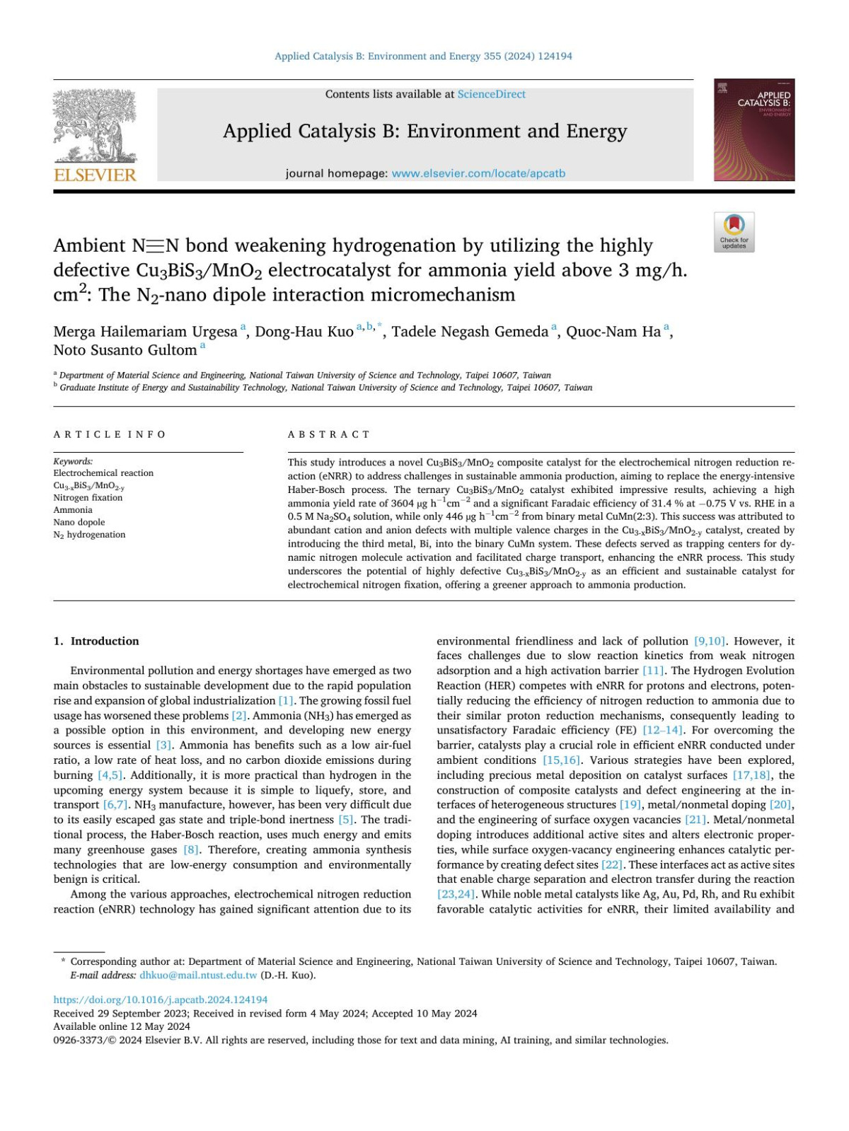 Ambient Ntbndn Bond Weakening Hydrogenation By Utilizing The Highly Defective Cu3bis3mno2 Electrocatalyst For Ammonia Yield Above 3mghcm2 The N2nano Dipole Interaction Micromechanism Merga Hailemariam Urgesa