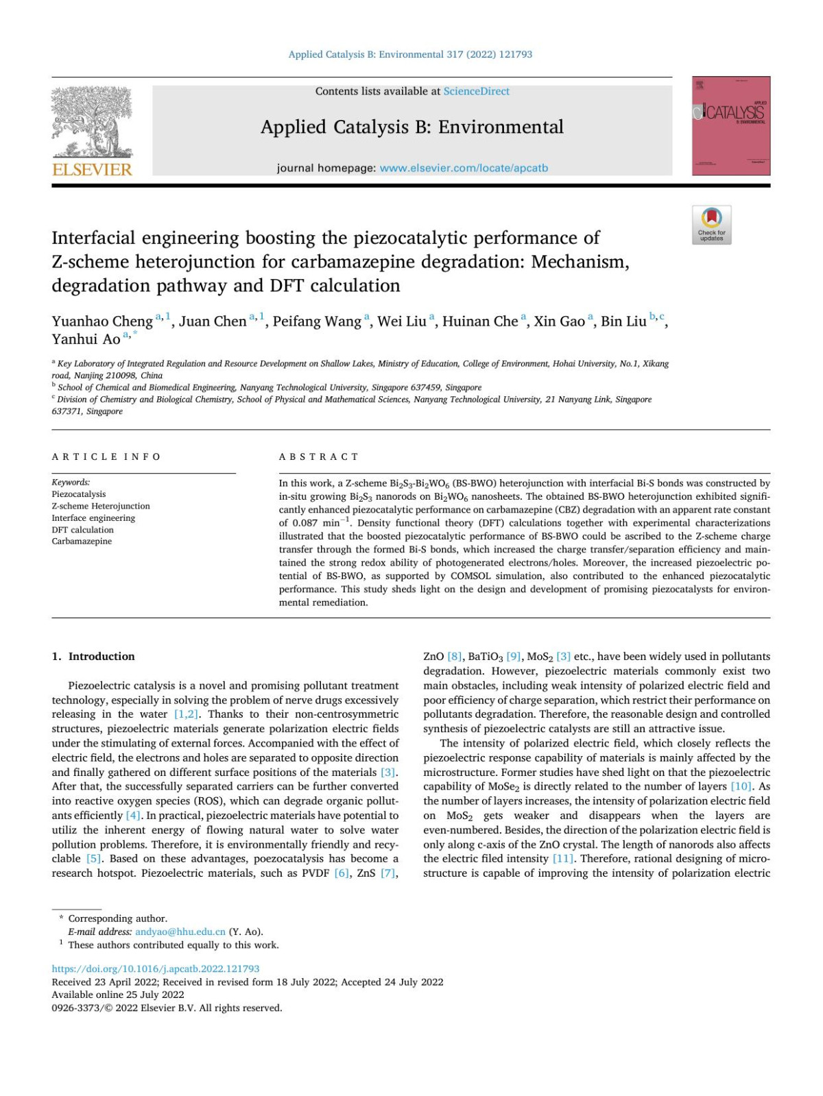 Interfacial Engineering Boosting The Piezocatalytic Performance Of Zscheme Heterojunction For Carbamazepine Degradation Mechanism Degradation Pathway And Dft Calculation Yuanhao Cheng