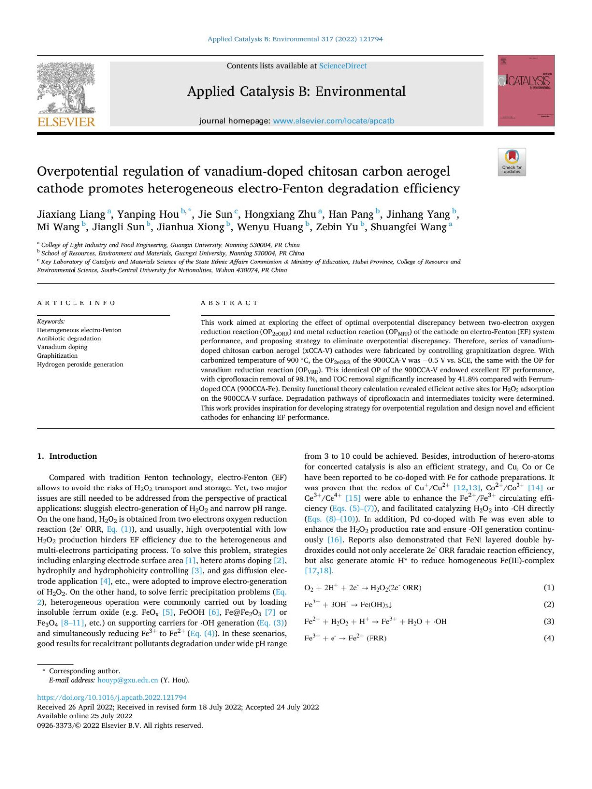 Overpotential Regulation Of Vanadiumdoped Chitosan Carbon Aerogel Cathode Promotes Heterogeneous Electrofenton Degradation Efficiency Jiaxiang Liang