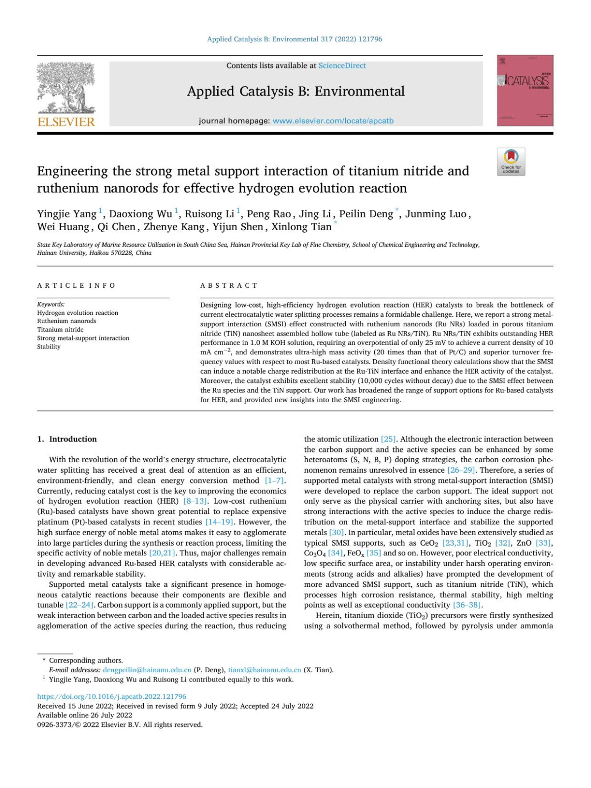 Engineering The Strong Metal Support Interaction Of Titanium Nitride And Ruthenium Nanorods For Effective Hydrogen Evolution Reaction Yingjie Yang