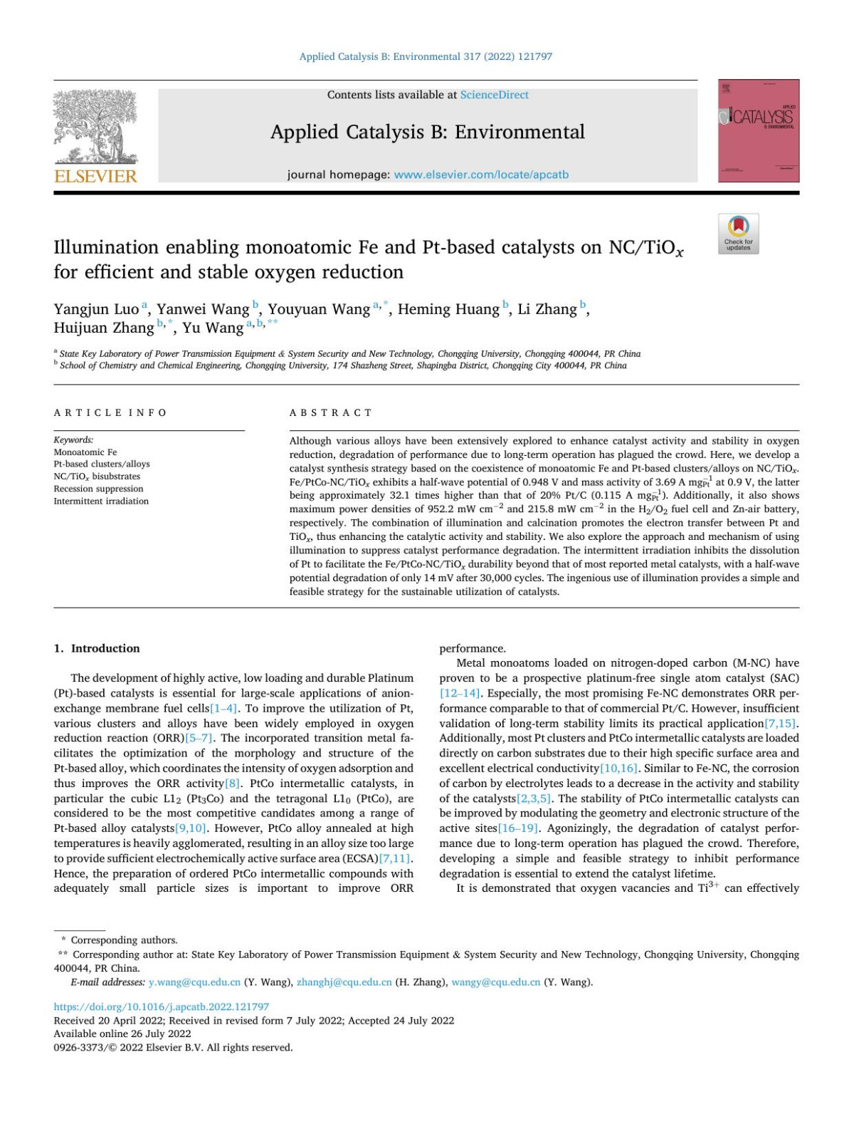 Illumination Enabling Monoatomic Fe And Ptbased Catalysts On Nctio X For Efficient And Stable Oxygen Reduction Yangjun Luo