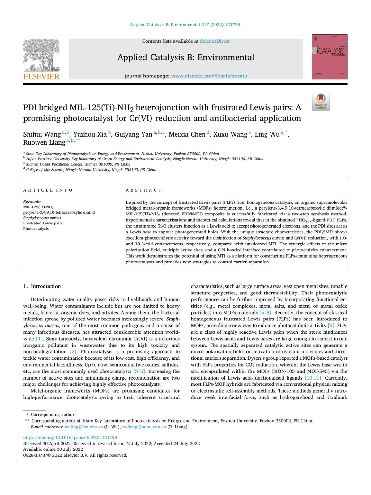 Pdi Bridged Mil125tinh2 Heterojunction With Frustrated Lewis Pairs A Promising Photocatalyst For Crvi Reduction And Antibacterial Application Shihui Wang