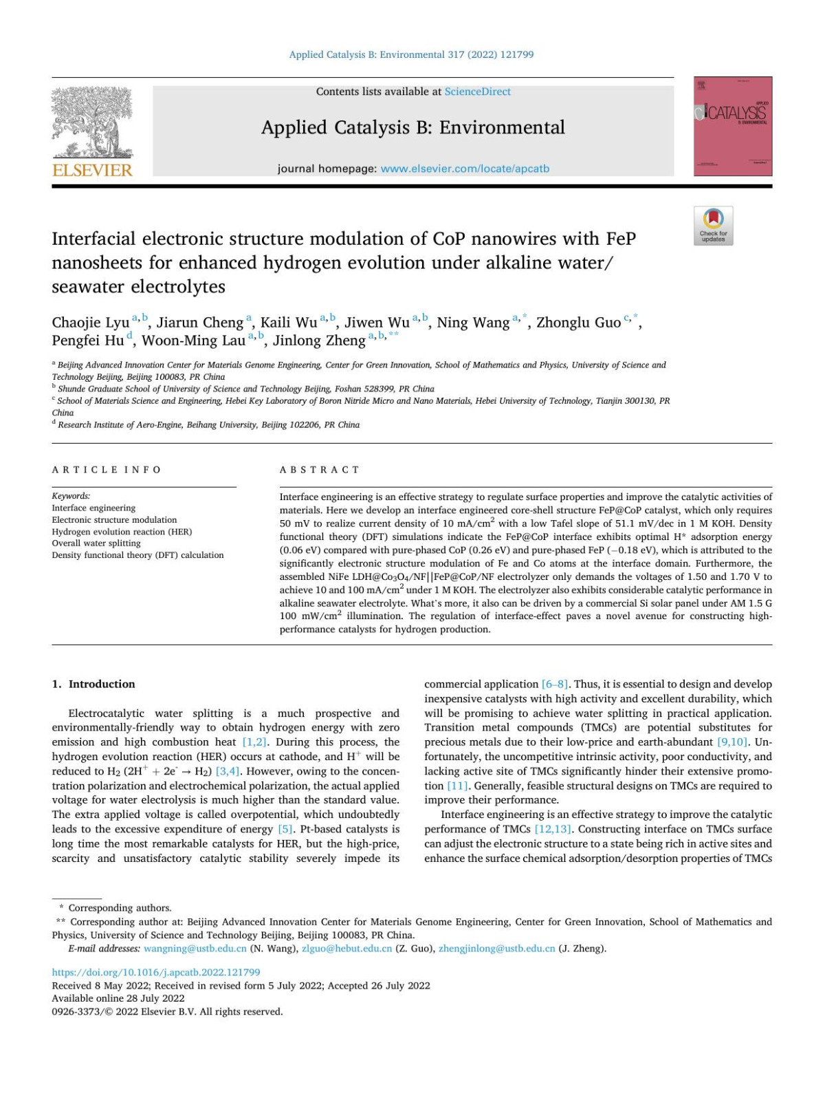 Interfacial Electronic Structure Modulation Of Cop Nanowires With Fep Nanosheets For Enhanced Hydrogen Evolution Under Alkaline Waterseawater Electrolytes Chaojie Lyu