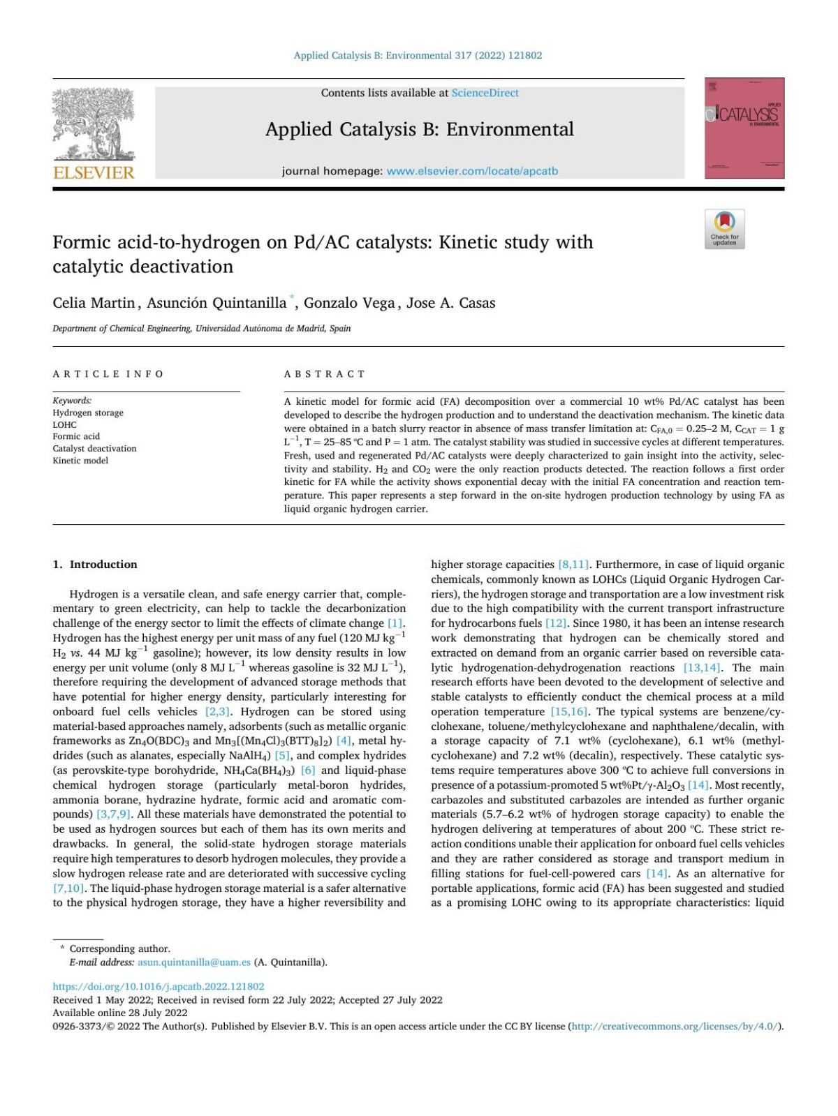 Formic Acidtohydrogen On Pdac Catalysts Kinetic Study With Catalytic Deactivation Celia Martin