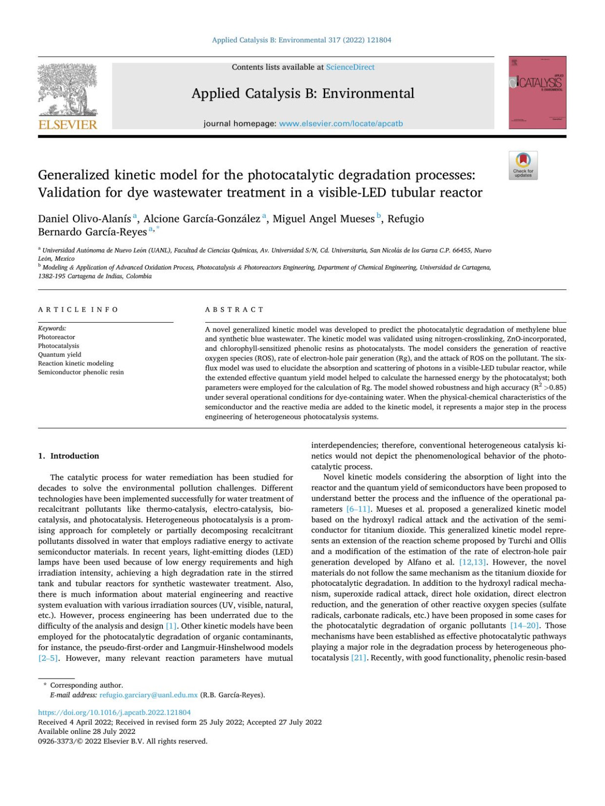 Generalized Kinetic Model For The Photocatalytic Degradation Processes Validation For Dye Wastewater Treatment In A Visibleled Tubular Reactor Daniel Olivoalans
