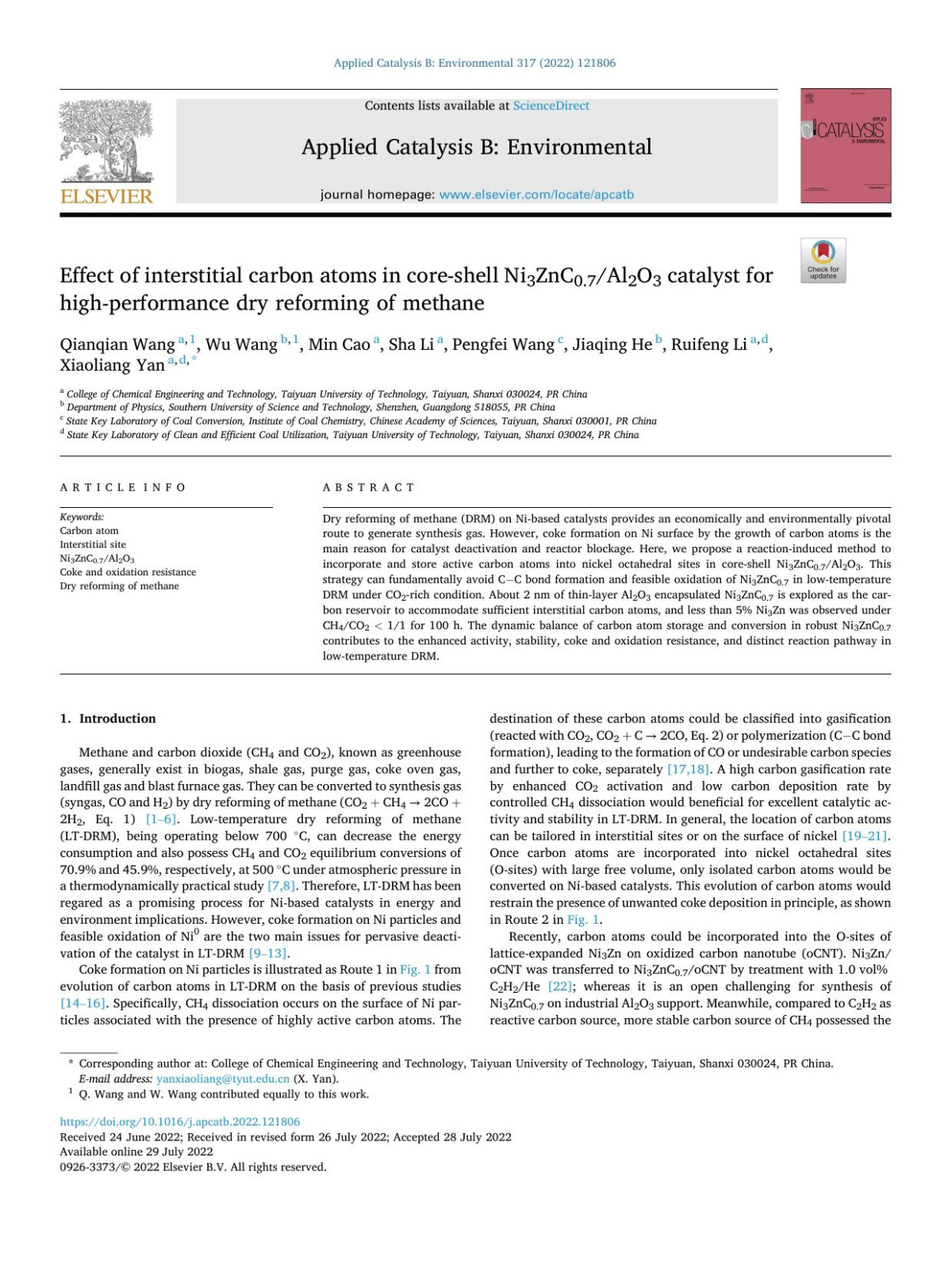Effect Of Interstitial Carbon Atoms In Coreshell Ni3znc07al2o3 Catalyst For Highperformance Dry Reforming Of Methane Qianqian Wang