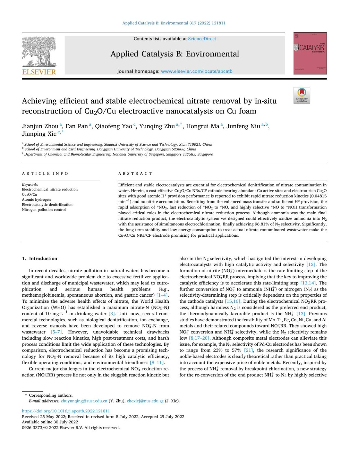 Achieving Efficient And Stable Electrochemical Nitrate Removal By Insitu Reconstruction Of Cu2ocu Electroactive Nanocatalysts On Cu Foam Jianjun Zhou