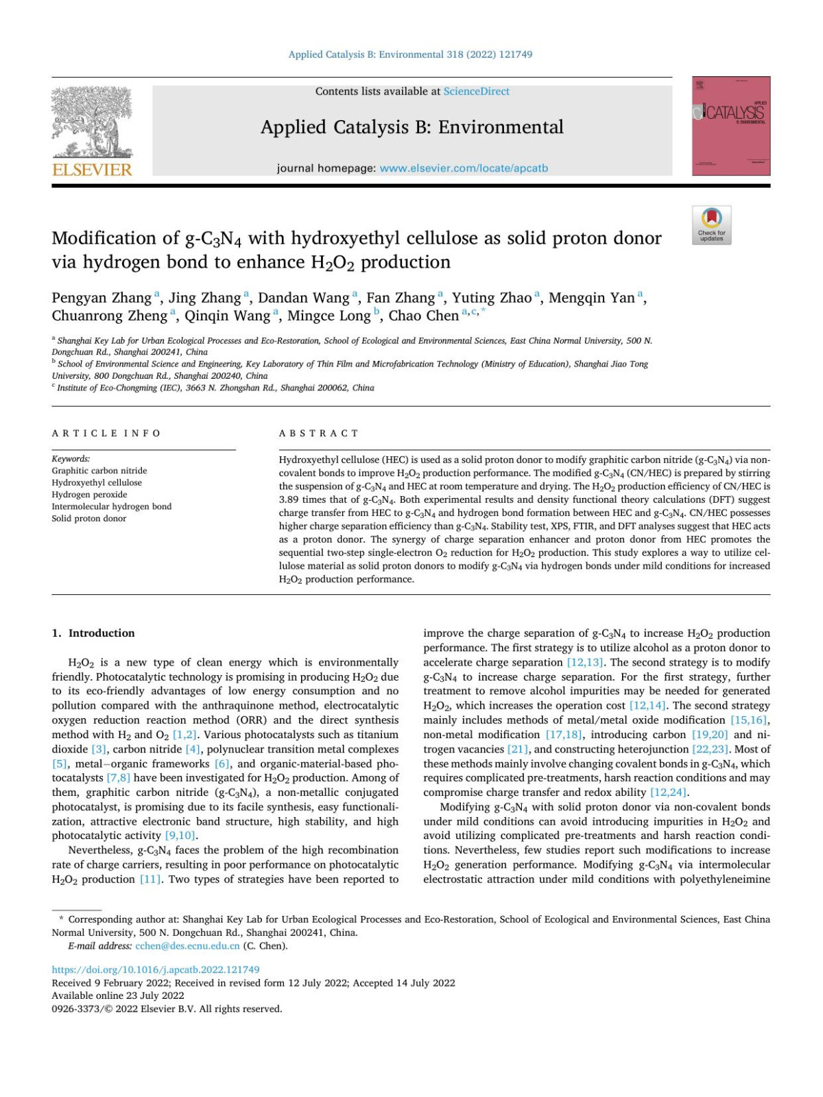 Modification Of Gc3n4 With Hydroxyethyl Cellulose As Solid Proton Donor Via Hydrogen Bond To Enhance H2o2 Production Pengyan Zhang
