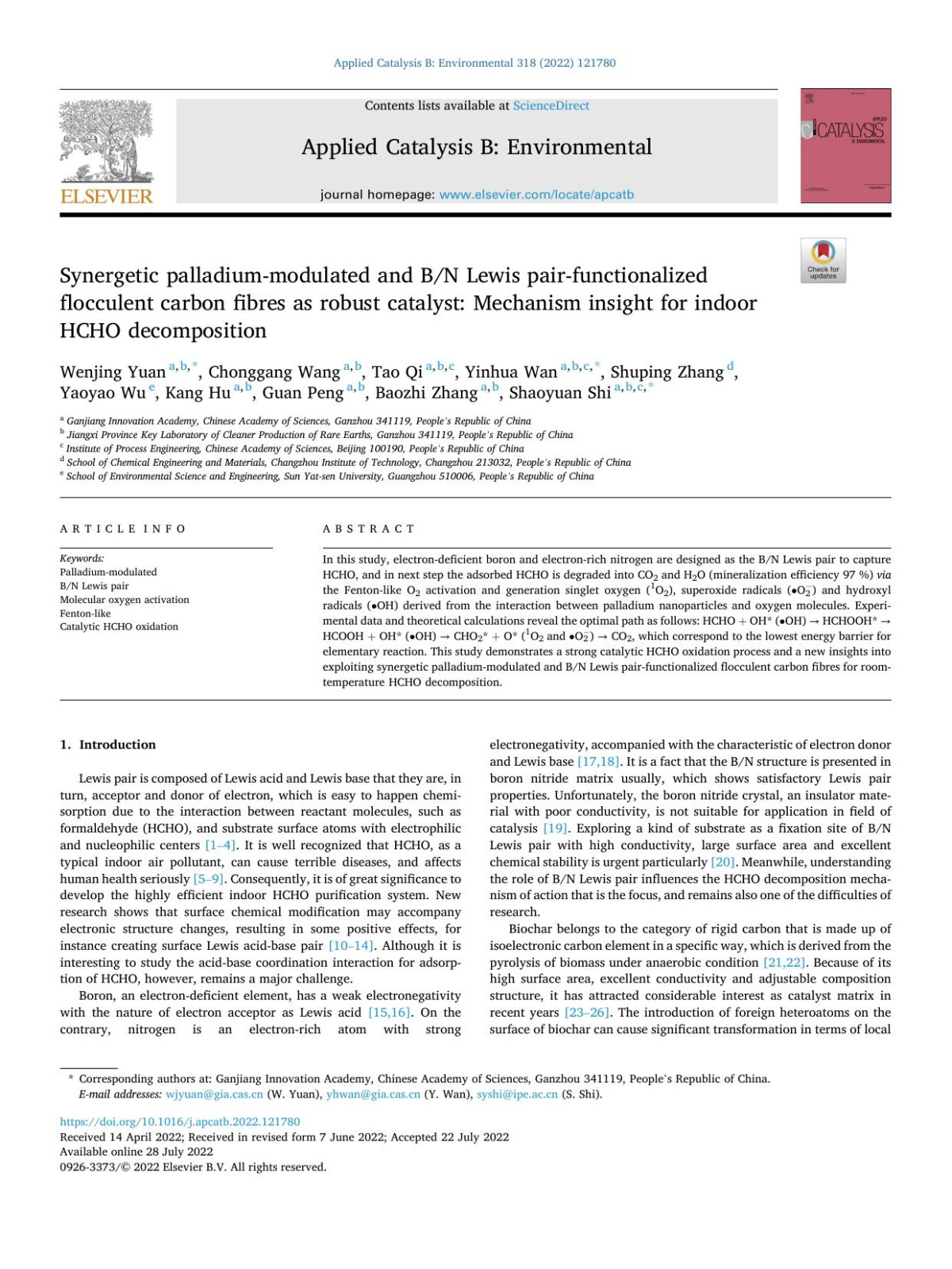 Synergetic Palladiummodulated And Bn Lewis Pairfunctionalized Flocculent Carbon Fibres As Robust Catalyst Mechanism Insight For Indoor Hcho Decomposition Wenjing Yuan