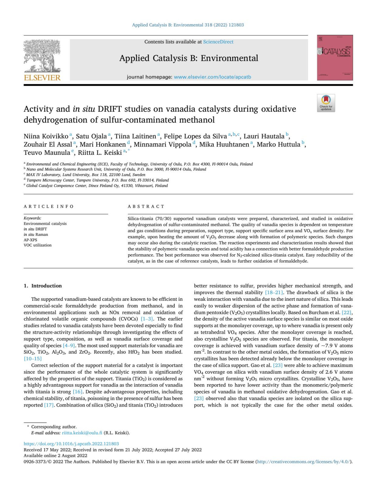 Activity And In Situ Drift Studies On Vanadia Catalysts During Oxidative Dehydrogenation Of Sulfurcontaminated Methanol Niina Koivikko