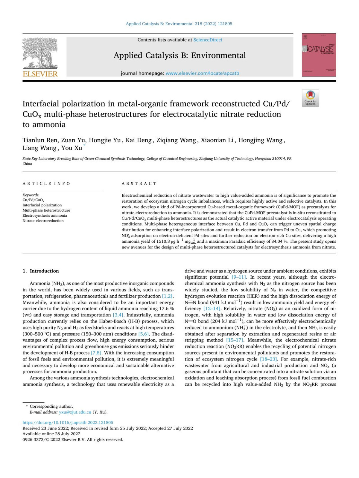 Interfacial Polarization In Metalorganic Framework Reconstructed Cupdcuox Multiphase Heterostructures For Electrocatalytic Nitrate Reduction To Ammonia Tianlun Ren