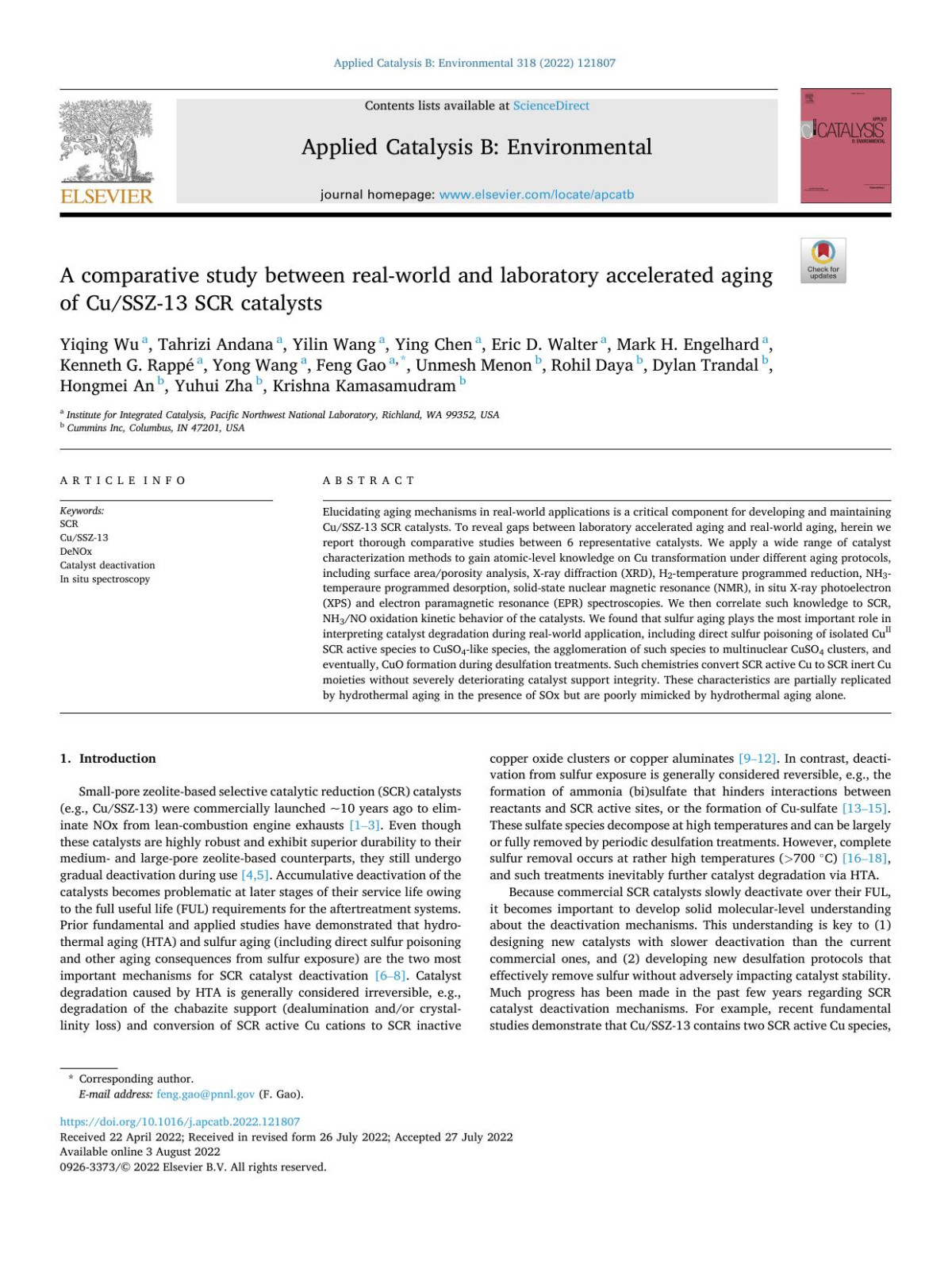 A Comparative Study Between Realworld And Laboratory Accelerated Aging Of Cussz13 Scr Catalysts Yiqing Wu