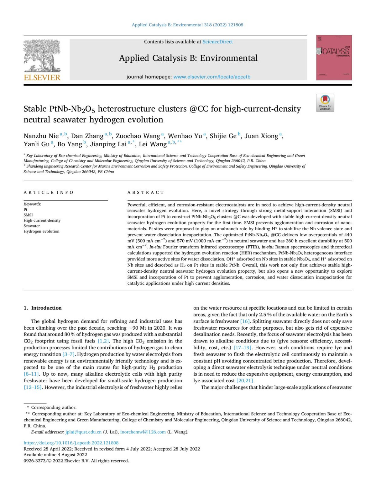 Stable Ptnbnb2o5 Heterostructure Clusters Cc For Highcurrentdensity Neutral Seawater Hydrogen Evolution Nanzhu Nie