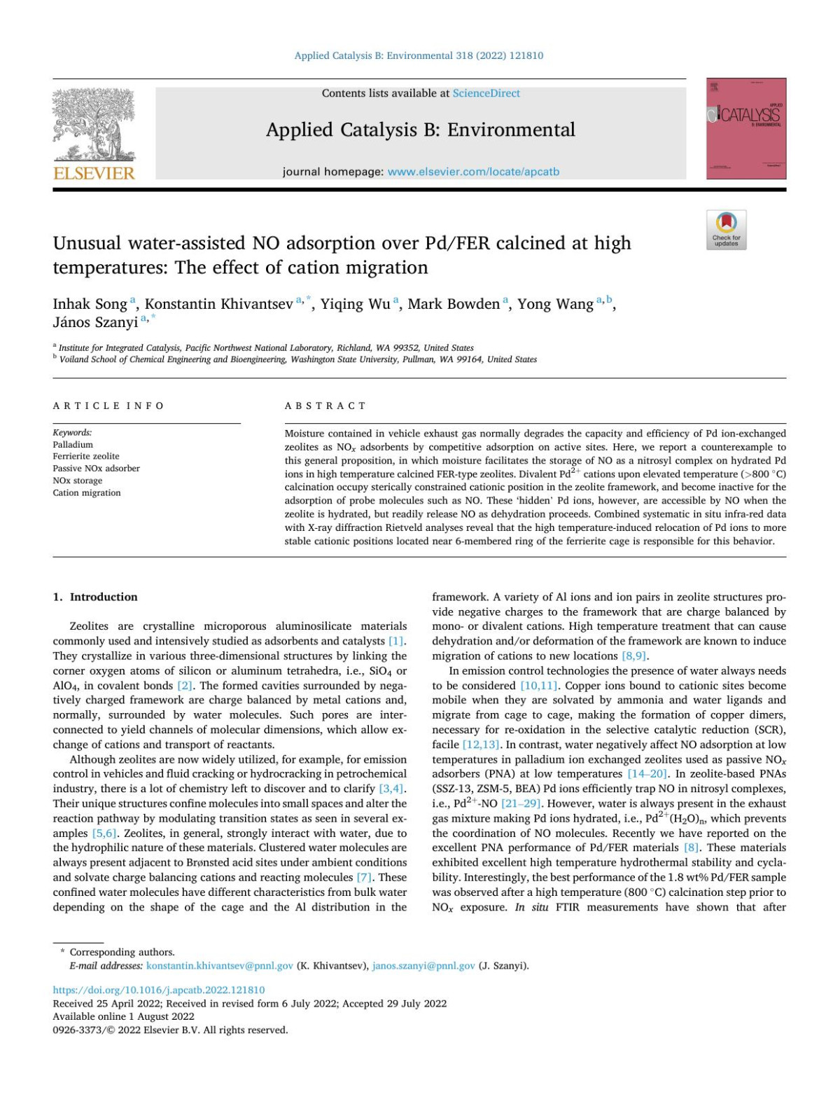 Unusual Waterassisted No Adsorption Over Pdfer Calcined At High Temperatures The Effect Of Cation Migration Inhak Song
