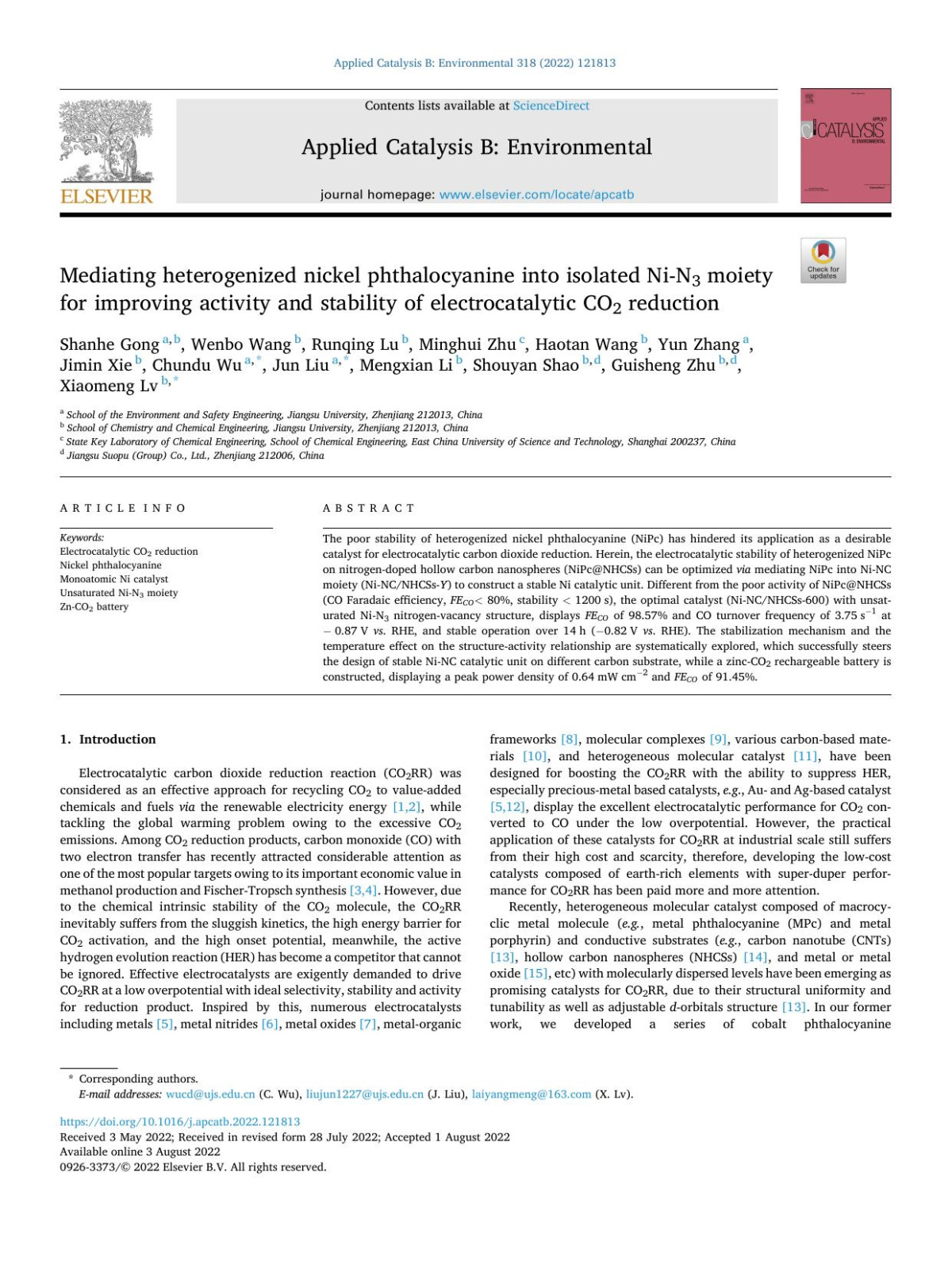 Mediating Heterogenized Nickel Phthalocyanine Into Isolated Nin3 Moiety For Improving Activity And Stability Of Electrocatalytic Co2 Reduction Shanhe Gong