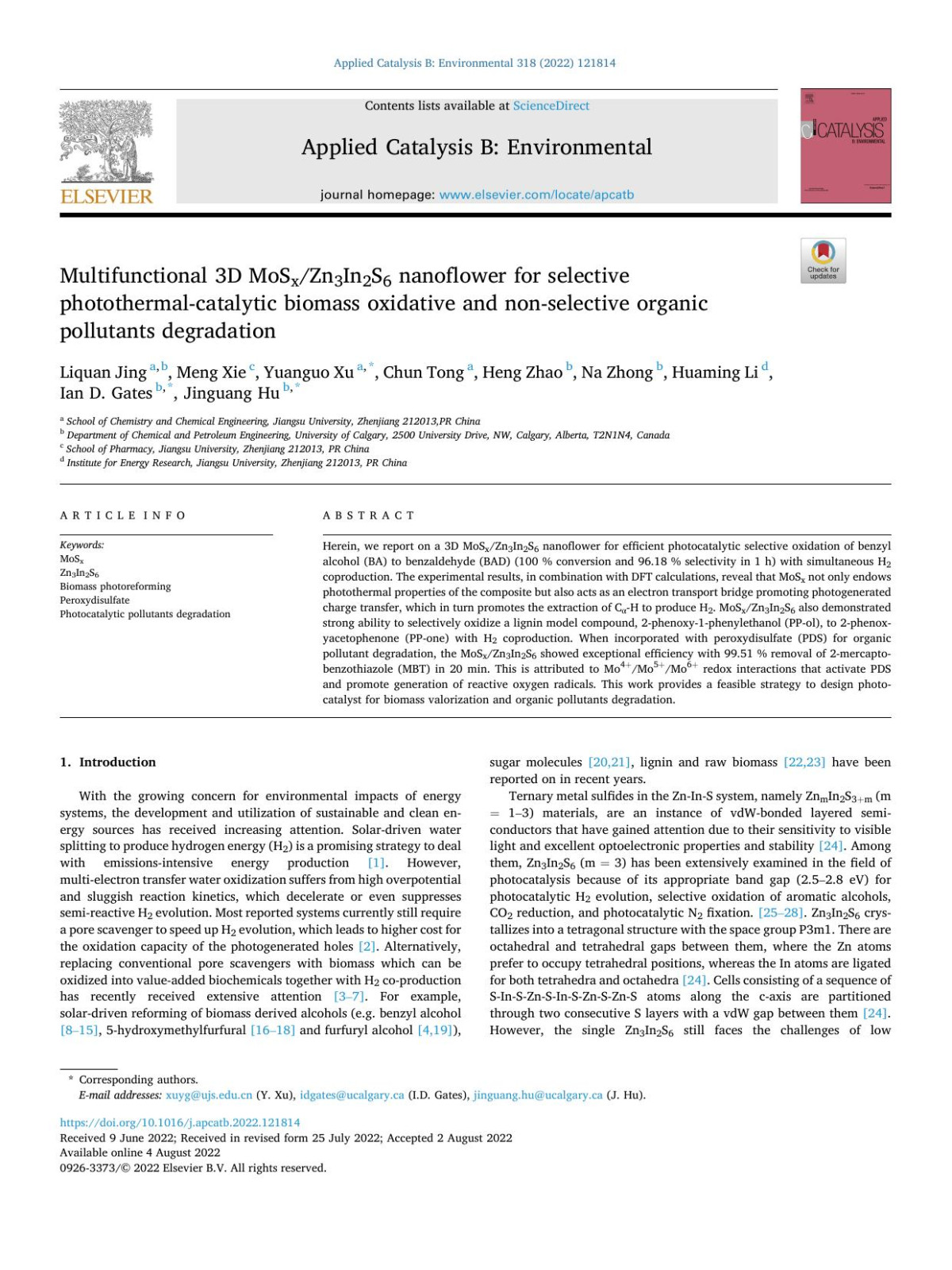 Multifunctional 3d Mosxzn3in2s6 Nanoflower For Selective Photothermalcatalytic Biomass Oxidative And Nonselective Organic Pollutants Degradation Liquan Jing